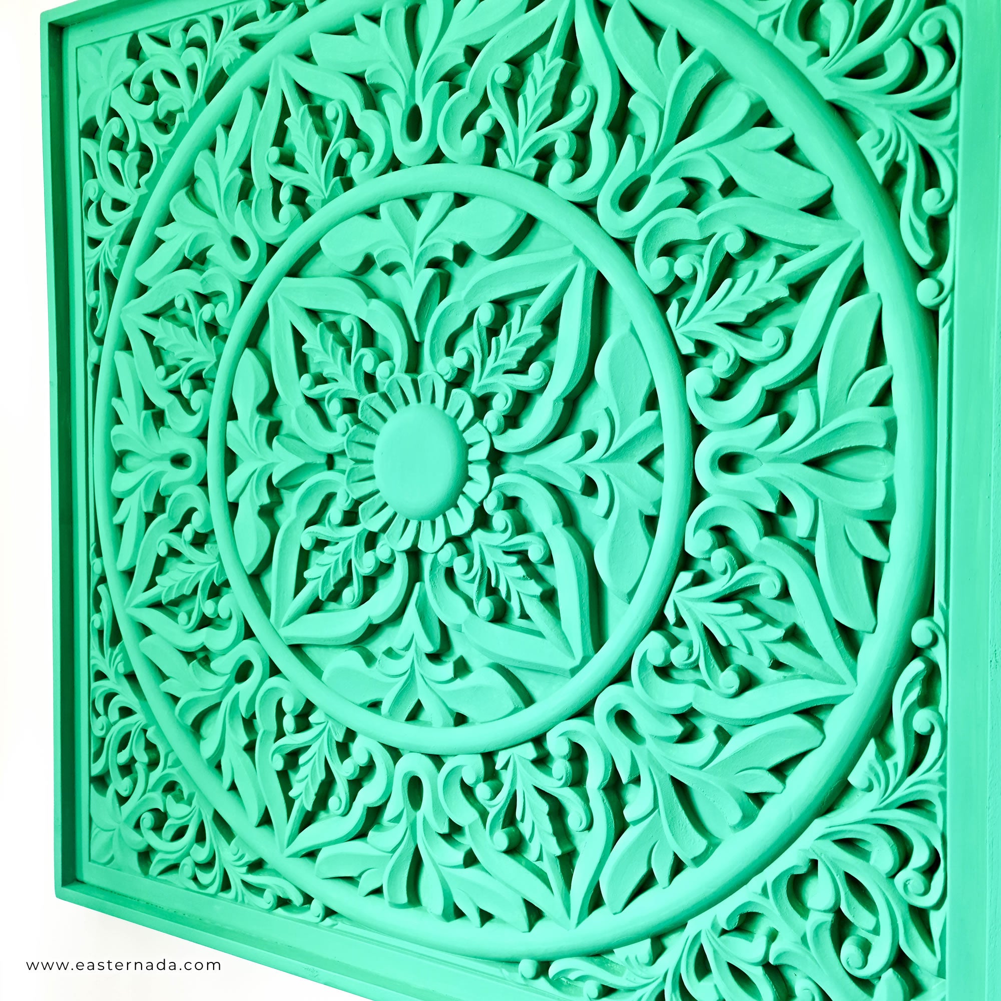 Simply Awesome, this bohemian boho-styled large carved mandala can be used in any room and will compliment the bohemian vibes. The Aqua Turquoise blue colour is inviting yet subtle.