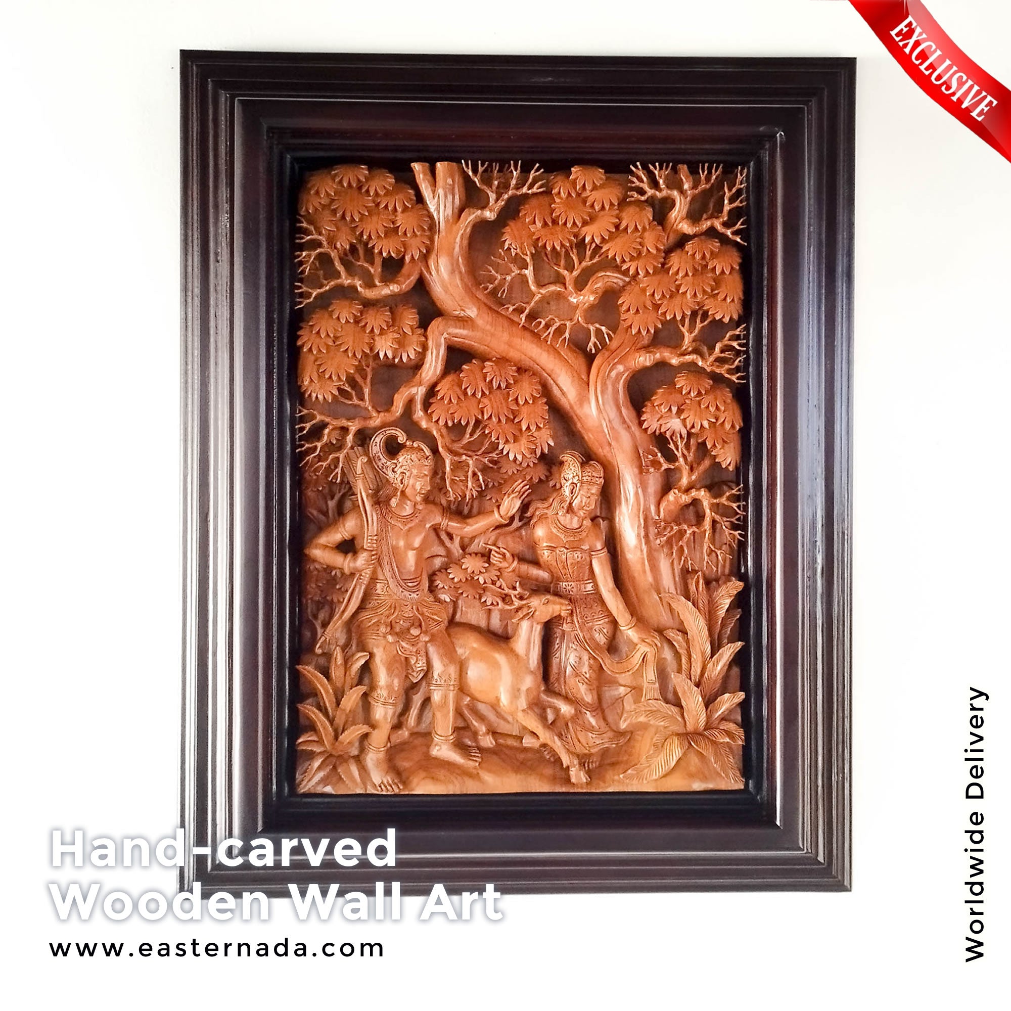 Hand Carved Teakwood Decorative Wall Art Sculpture Ram Sita Hindu Mandir