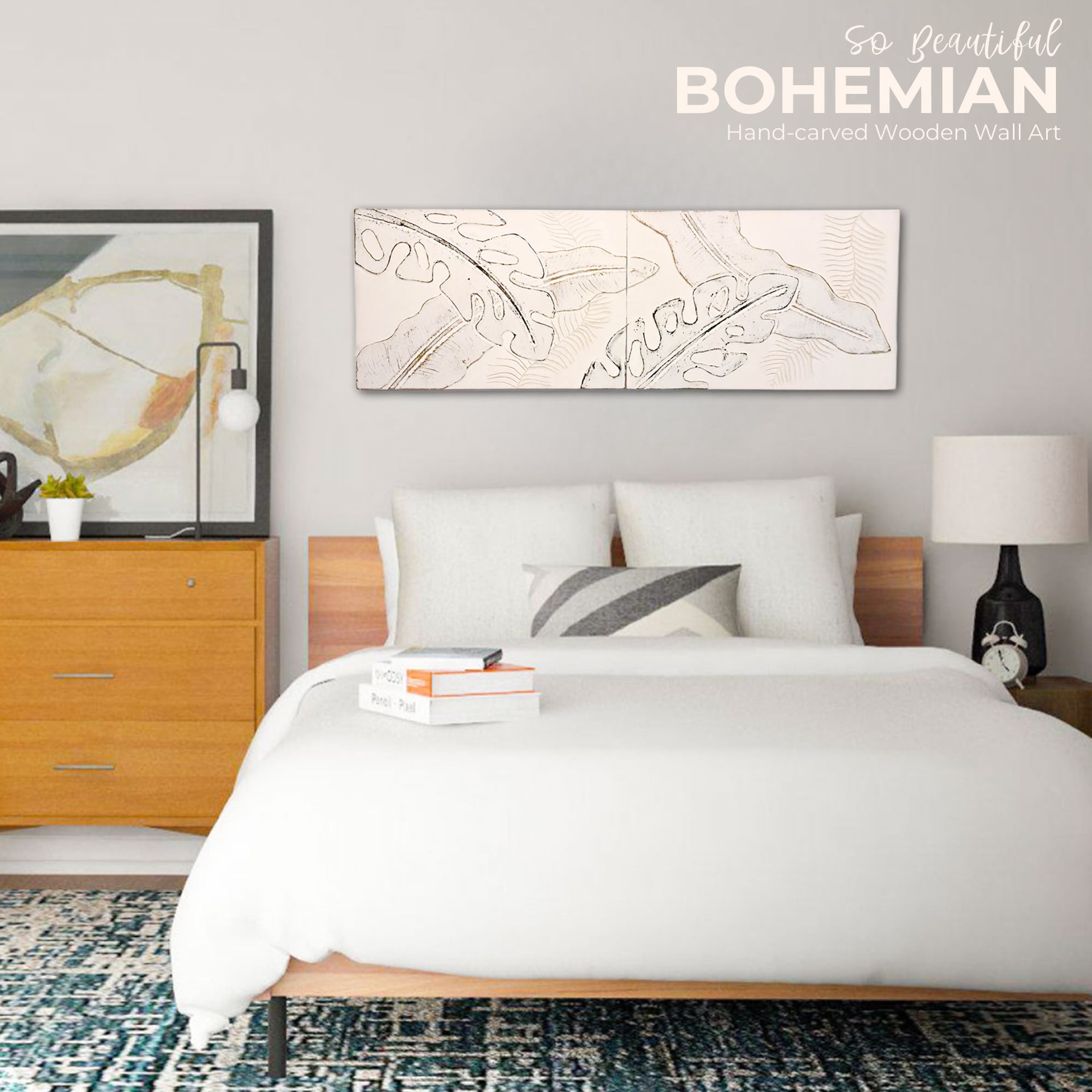 Distressed Leaves Long Bohemian Hand-carved Wooden Decorative Room Wall Art