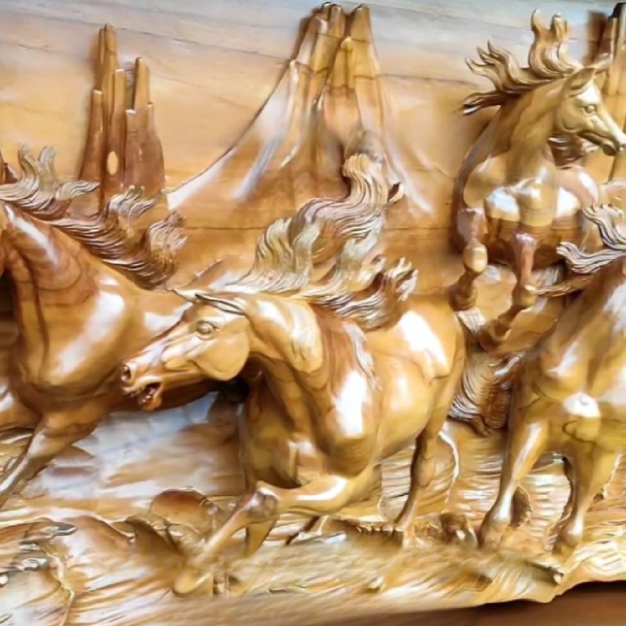 Extra large king-size teakwood hand-carved running wild horses sculpture art for a perfect backdrop in any room, hallway or as a headboard.