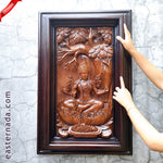 Hindu Goddess Laxmi Hand-Carved Teakwood Decorative Sculpture Mandir Wall Art
