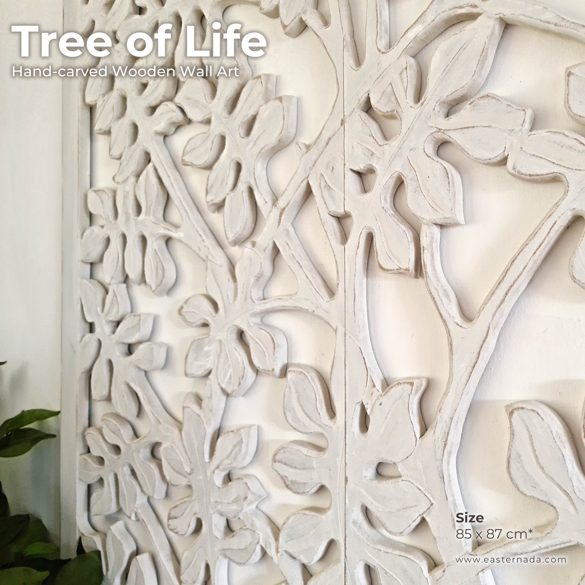 Hand Carved Tree of Life Wooden Sculpture Wall Art Hanging - Distressed Rustic White Shabby Chic Bohemian Boho Style Unique Gift.