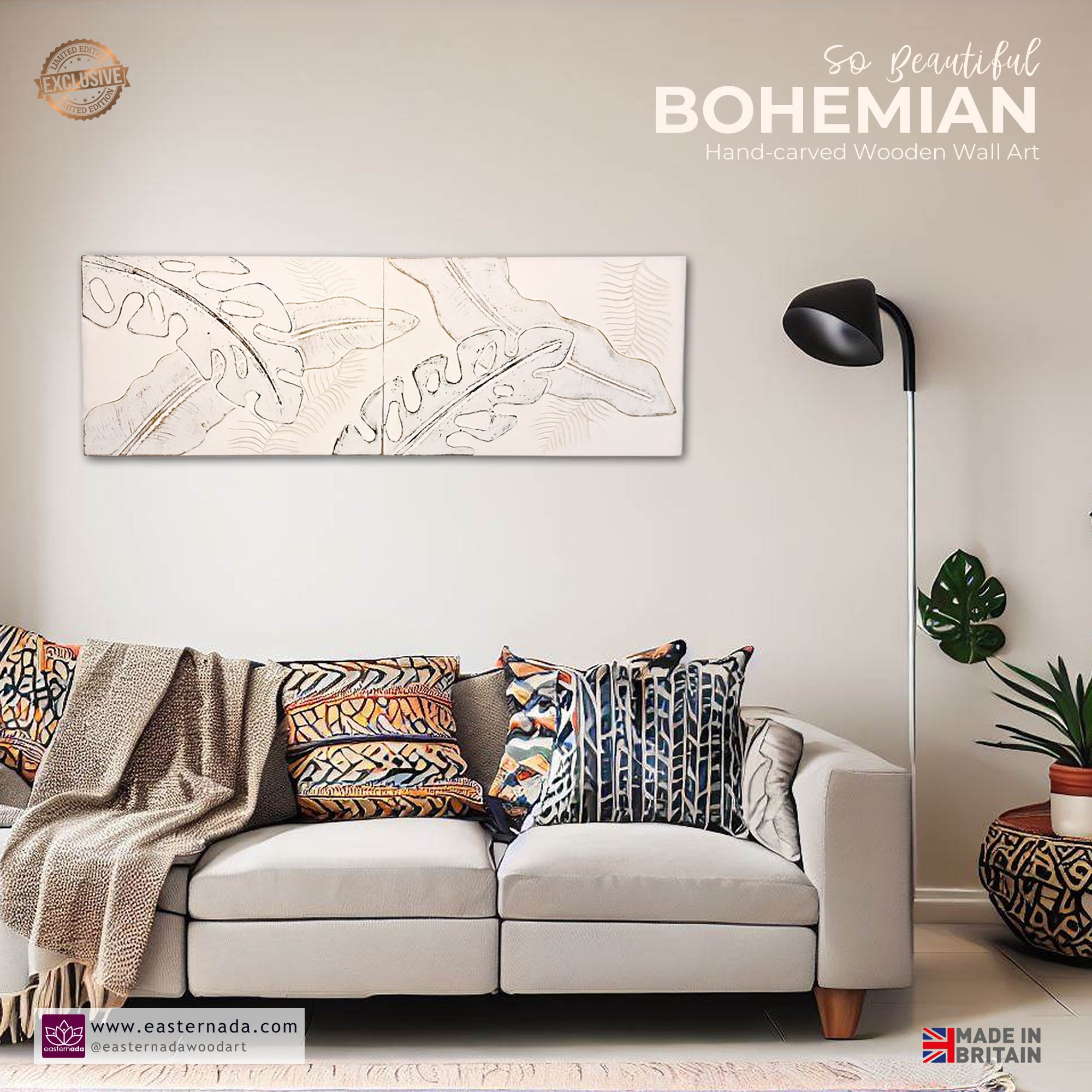 Distressed Leaves Long Bohemian Hand-carved Wooden Decorative Room Wall Art