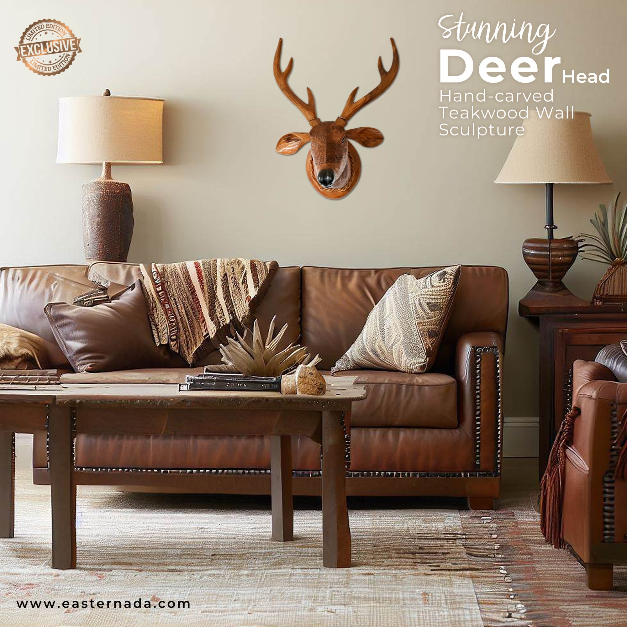 Hand-carved room decoration wooden wall art sculpture | Unique African Safari Wood Art Animals Deer Buck rare antique style hangings and gifts | Bohemian boho carved headboards