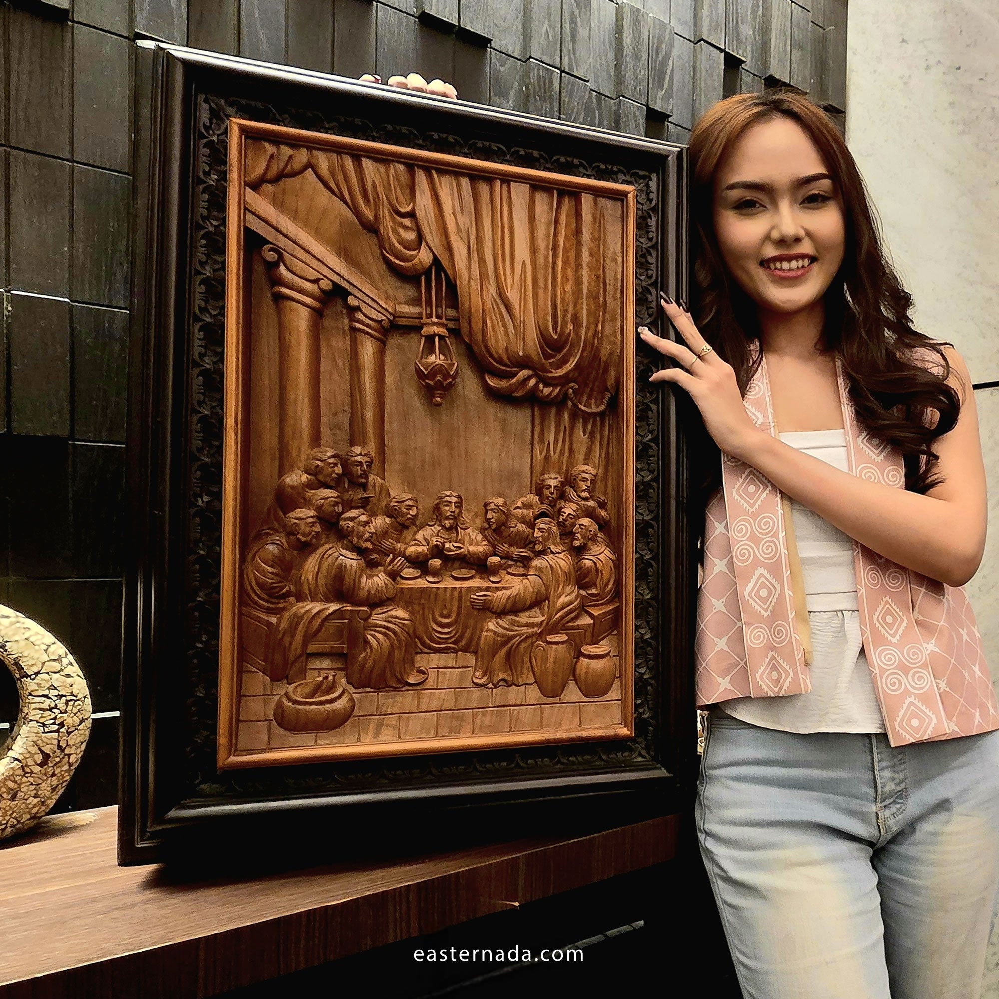 Large 3D hand-carved teakwood relief of Leonardo Da Vinci's The Last Supper, religious wall art sculpture
