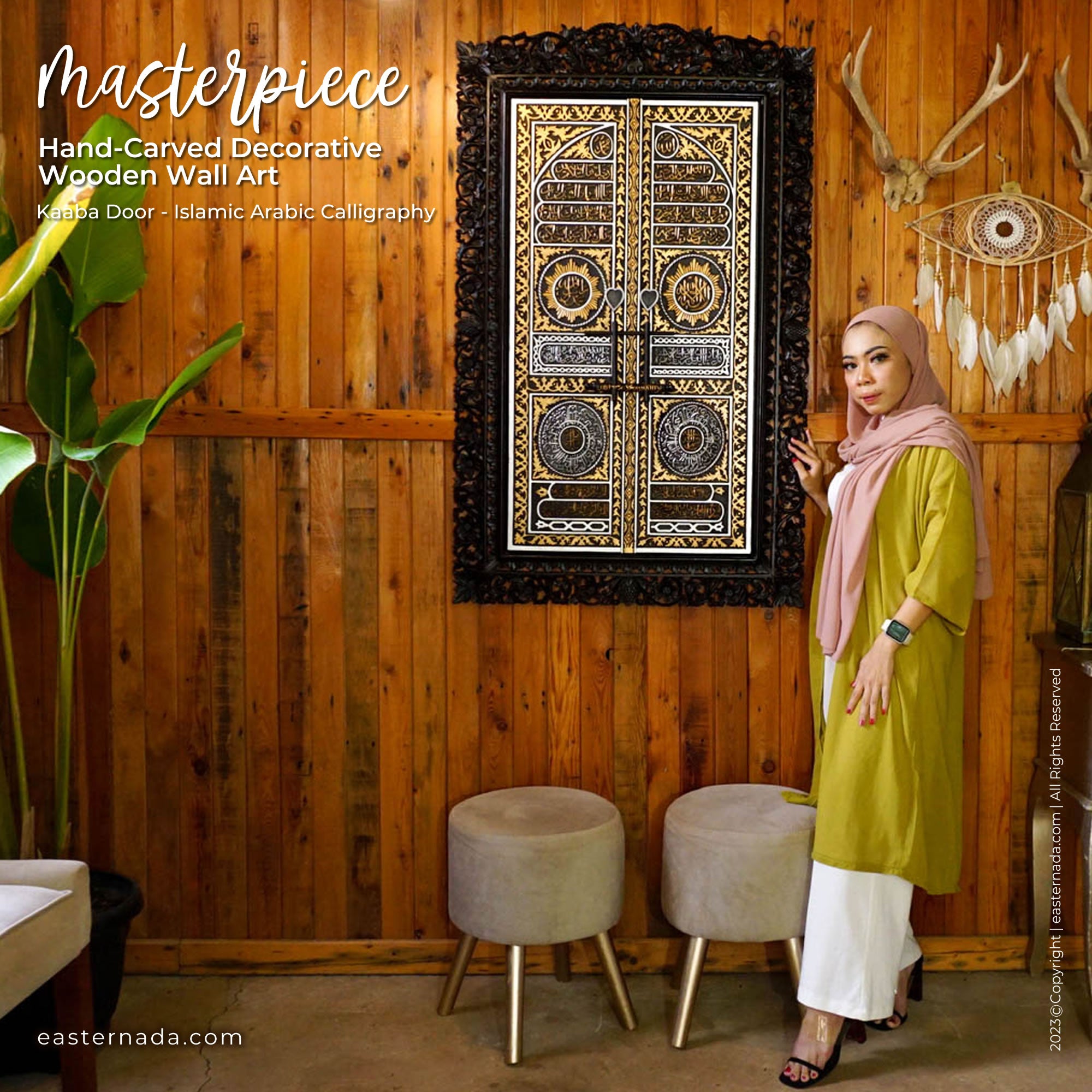 Large hand-carved teakwood sculpture of the Kiswa e Kaaba door with Arabic calligraphy, luxury Islamic wall art