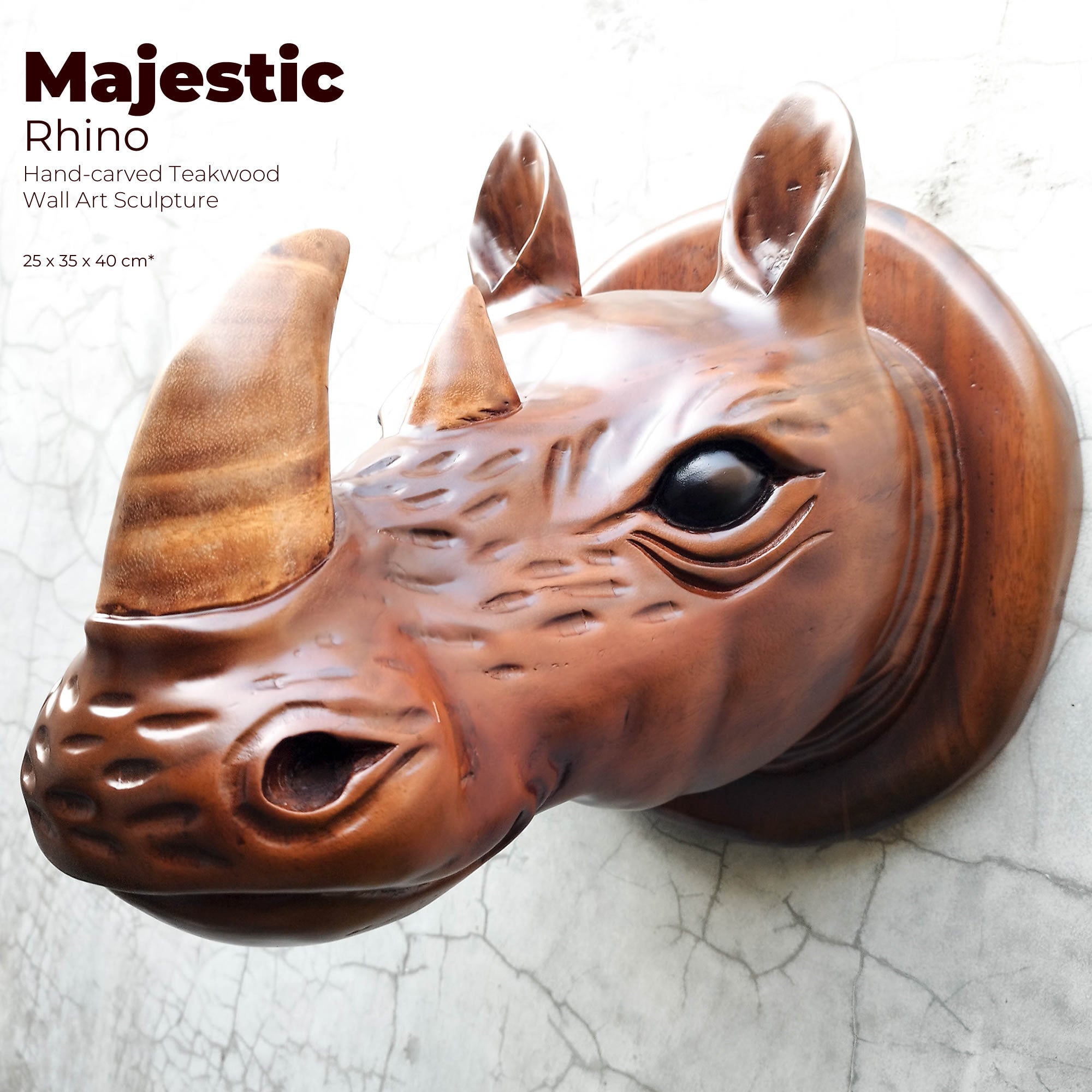 African Rhino Head - Hand-carved Wooden Decorative Sculpture Room Wall Art