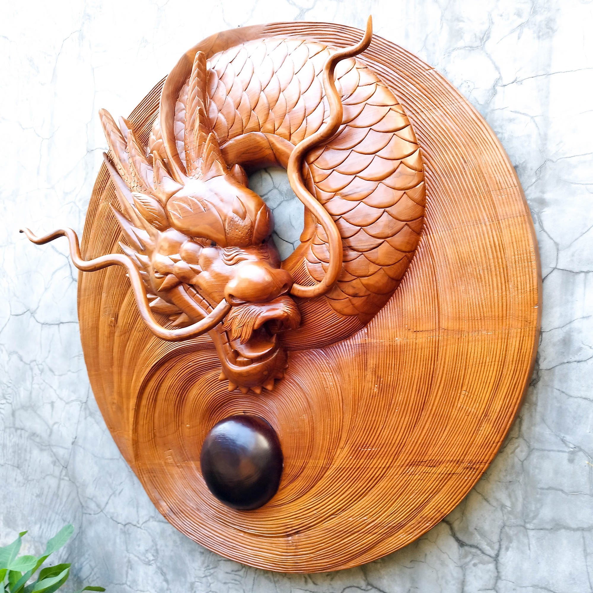Chinese Dragon Ball - Large Hand Carved Teakwood Decorative Art Sculpture Headboard