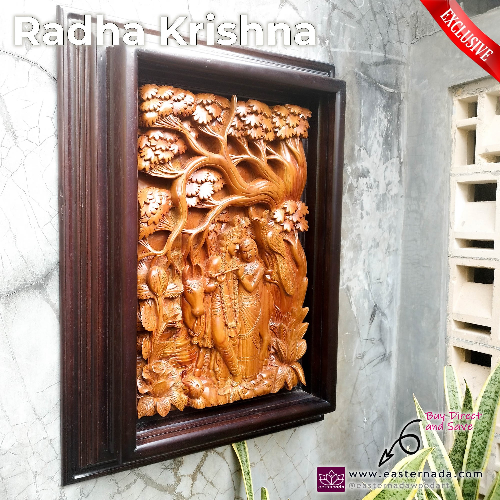 Hindu God Goddess Radha Krishna Vrindavan Framed Teakwood Decorative Pooja Mandir Wall Art. This stunning hardwood hand-carved is very desirable.
