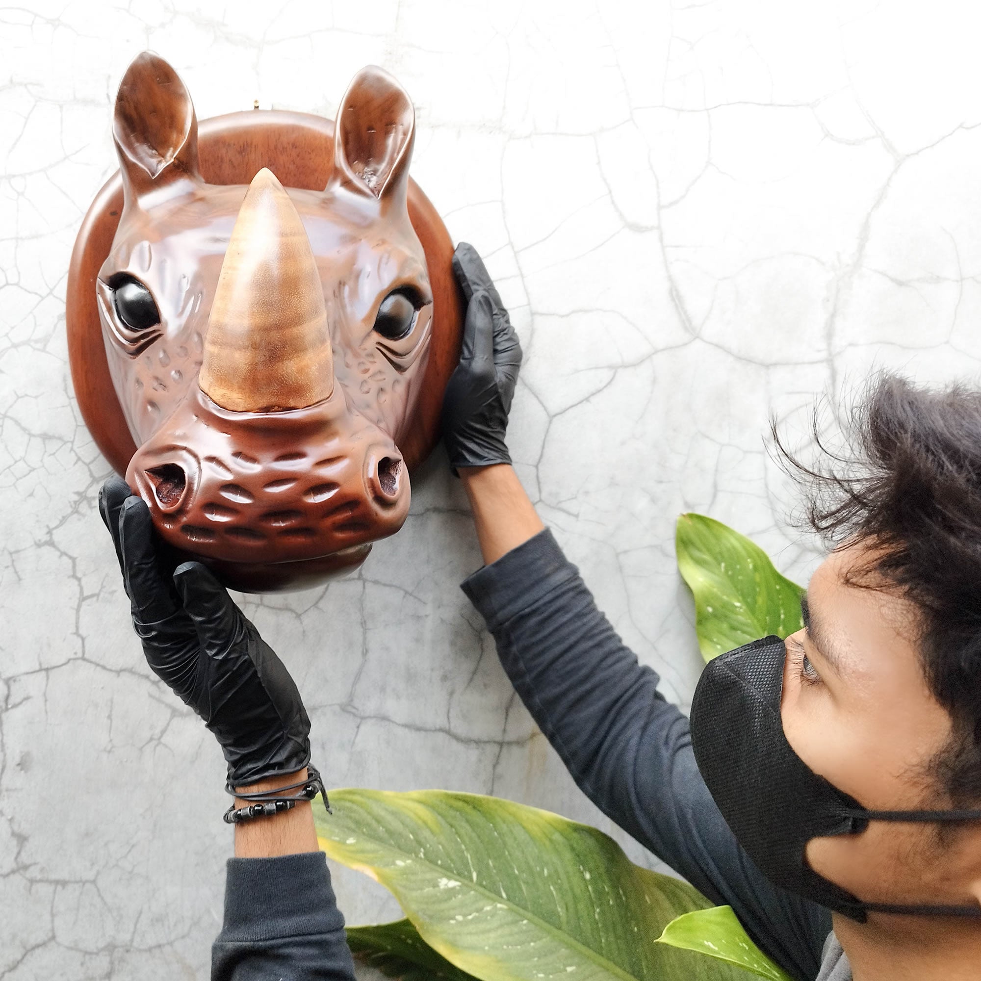 African Rhino Head - Hand-carved Wooden Decorative Sculpture Room Wall Art