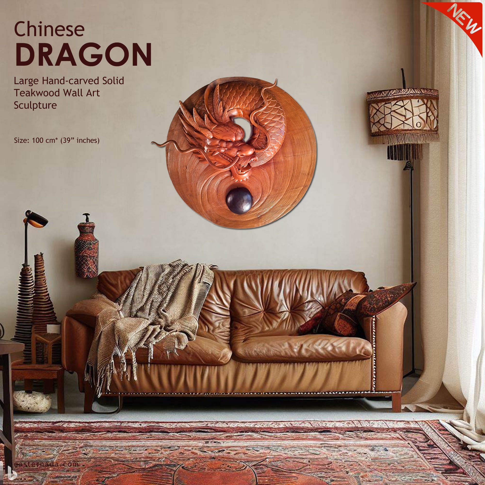 Chinese Dragon Ball - Large Hand Carved Teakwood Decorative Art Sculpture Headboard