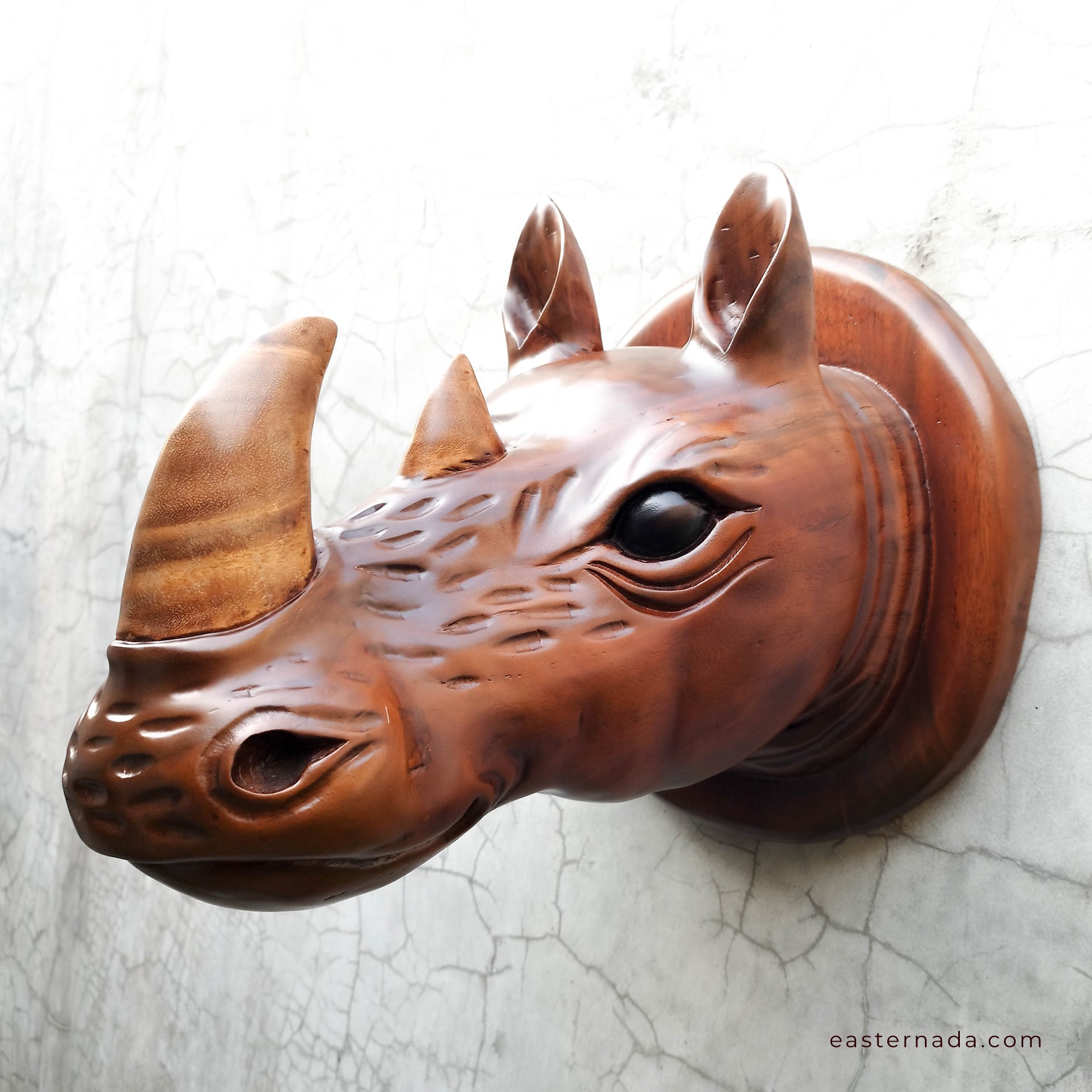 African Rhino Head - Hand-carved Wooden Decorative Sculpture Room Wall Art