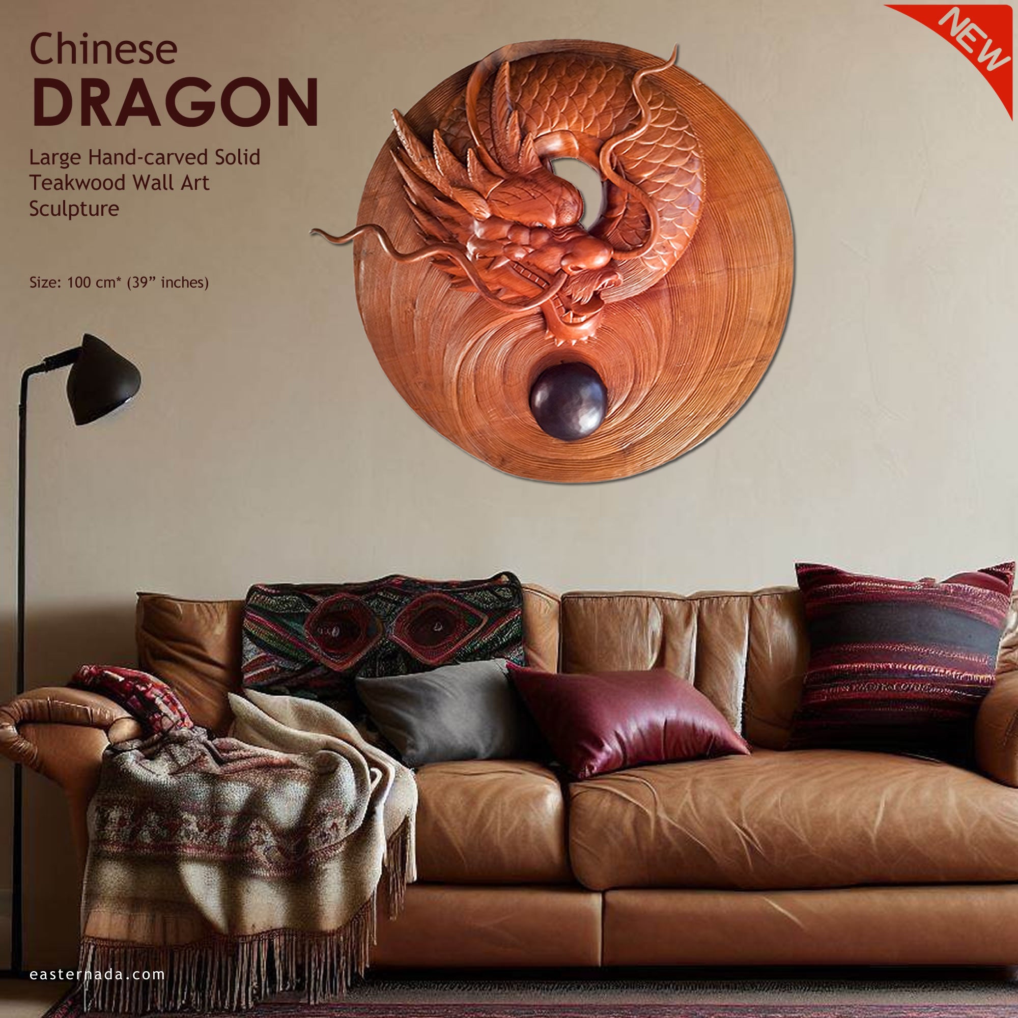 Chinese Dragon Ball - Large Hand Carved Teakwood Decorative Art Sculpture Headboard
