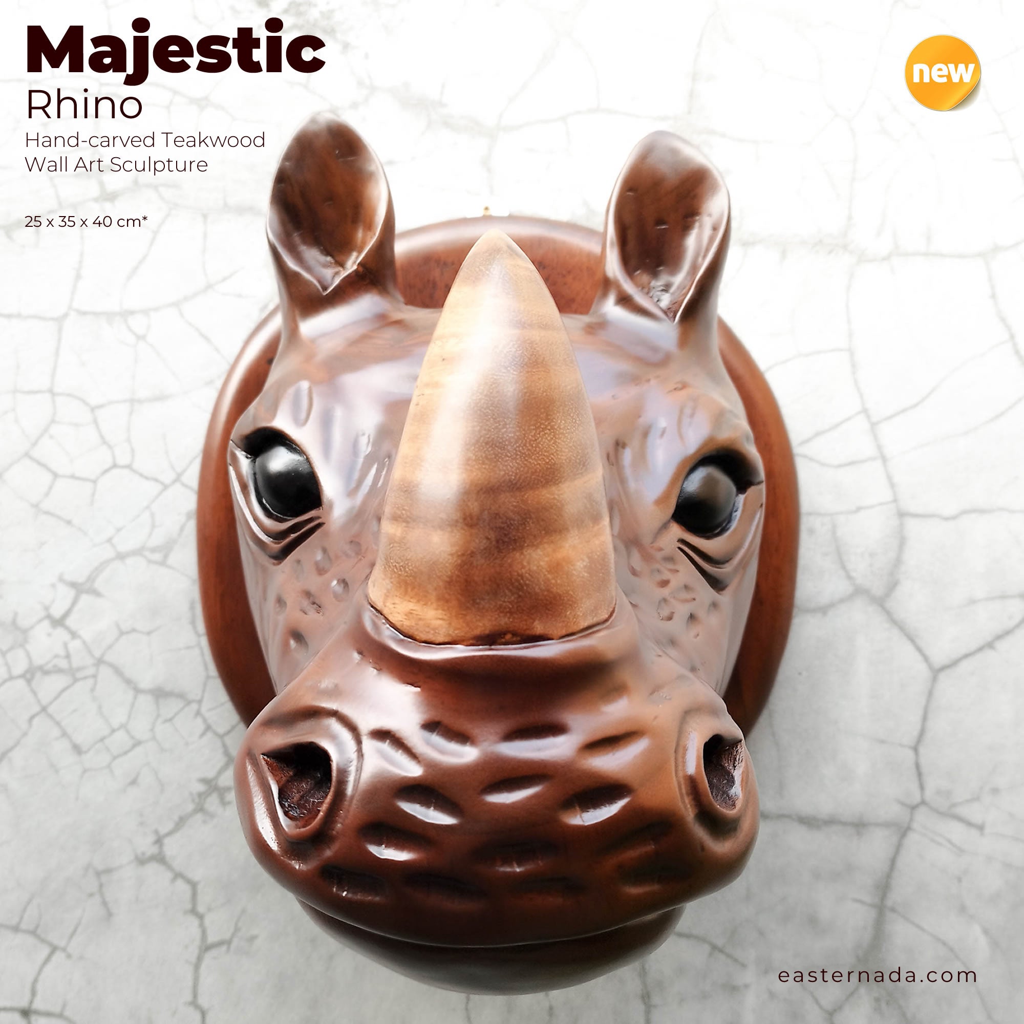African Rhino Head - Hand-carved Wooden Decorative Sculpture Room Wall Art