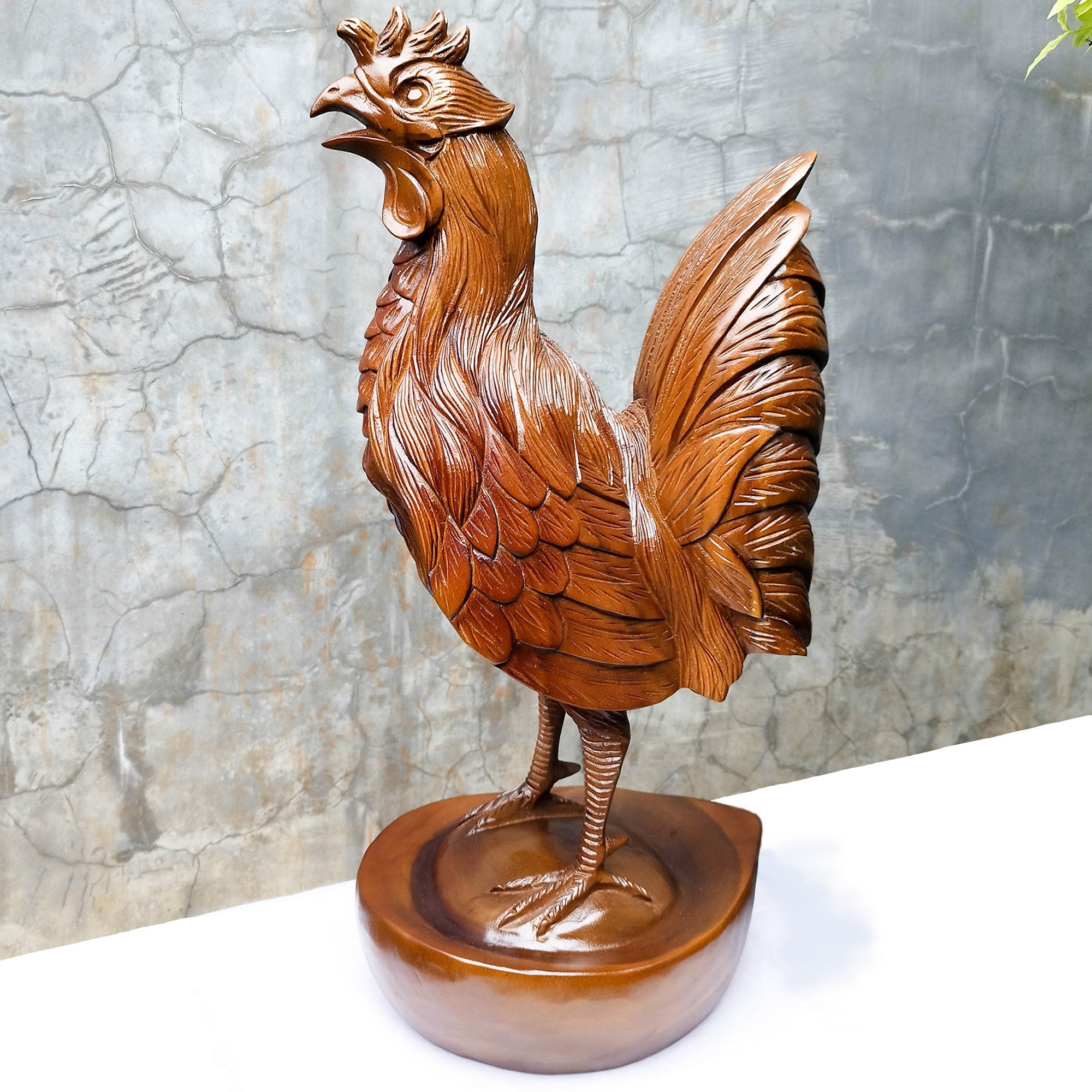 This stunning large hand-carved teakwood decorative Rooster Chicken sculpture is quite impressive and unique.