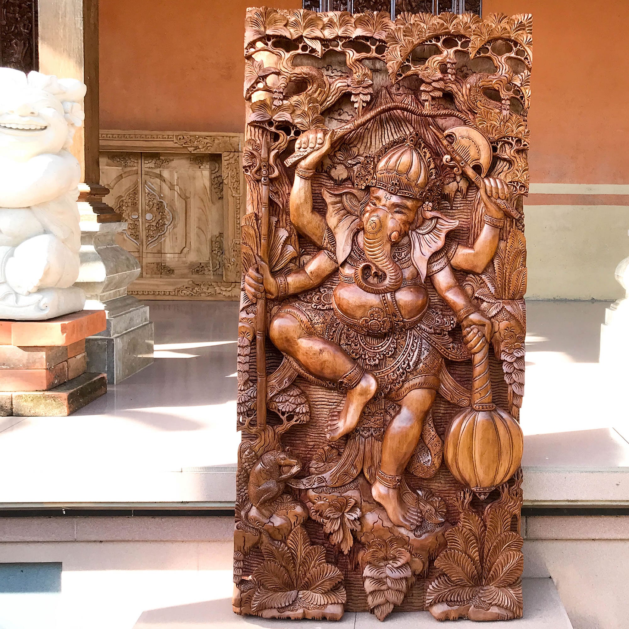 Hindu God Ganesha Hand-Carved Teakwood Decorative Sculpture Mandir Wall Art