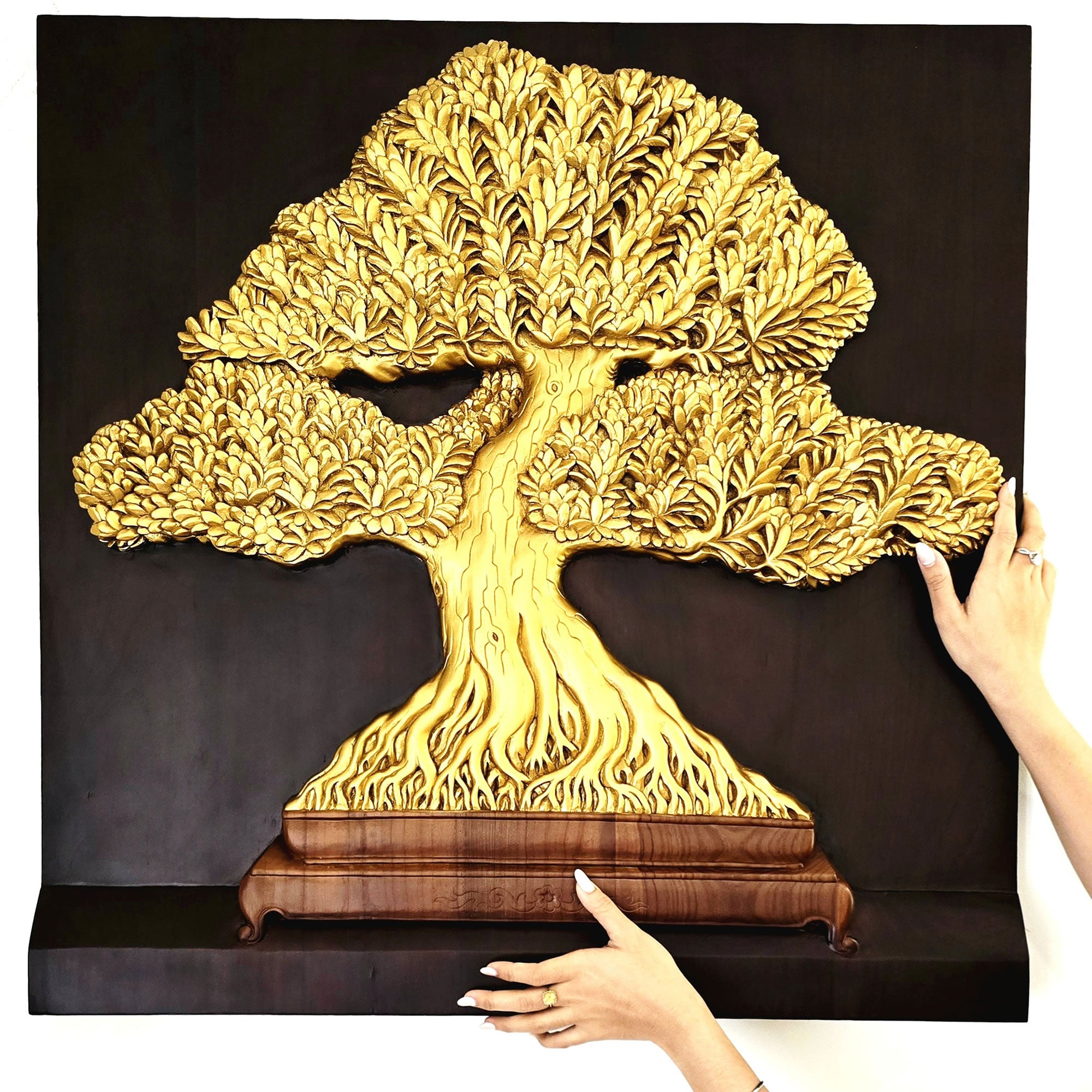 Large 90cm square hand-carved teakwood Bonsai Tree of Life; gold-painted tree on dark mahogany wood background.