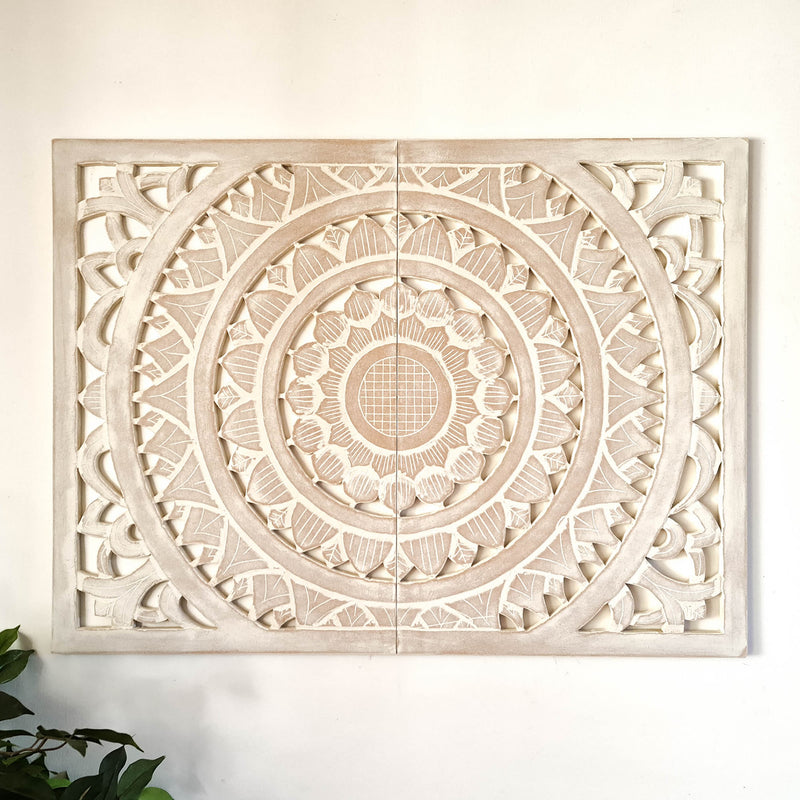 Carved Wooden Decorative Framed Mandala Panel Art Sculpture White Bohemian Hanging