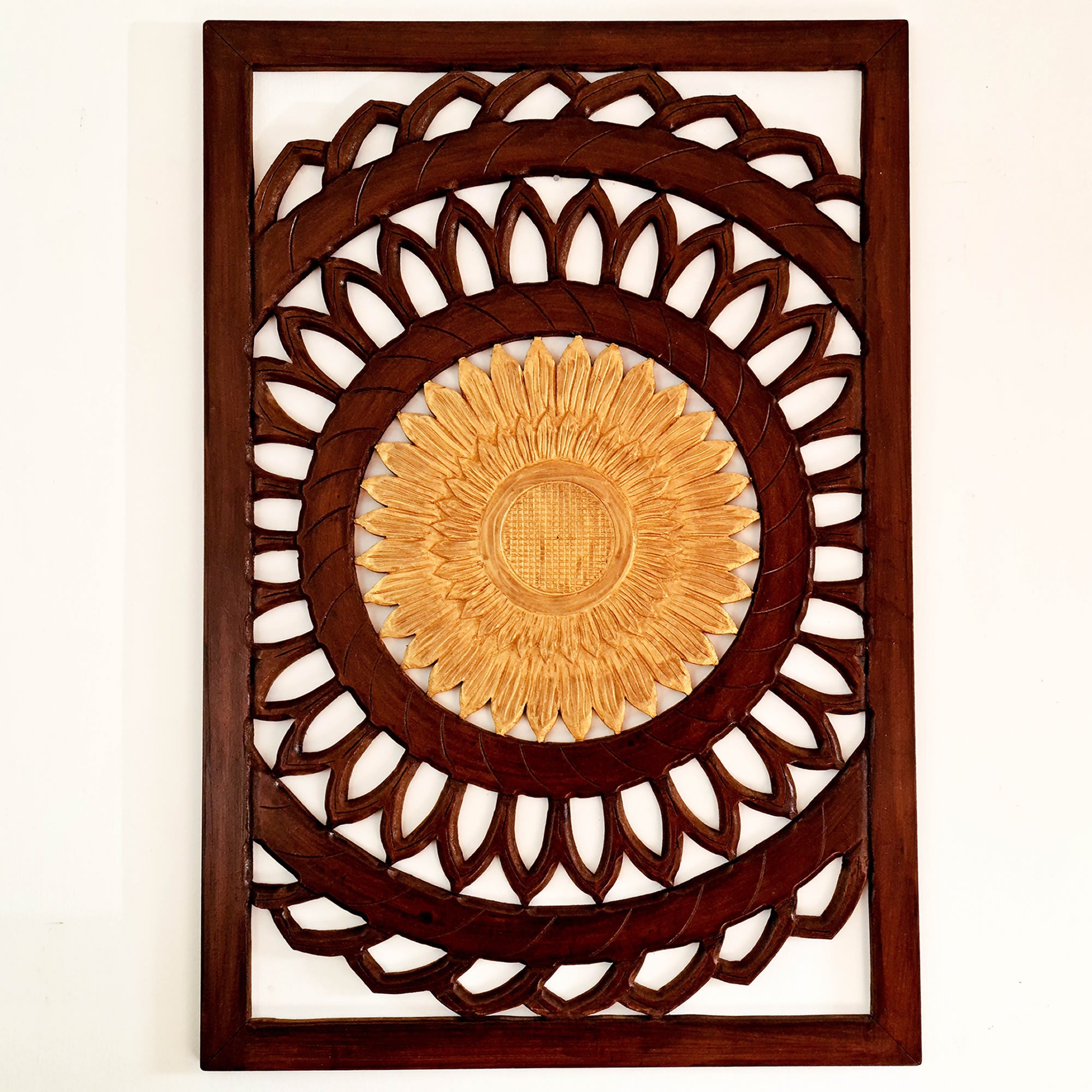 Discover Artistic Excellence: Golden Flower Hand-Carved Wooden Wall Art. Crafted by skilled artisans, each piece is unique, adding a touch of elegance to any living space.