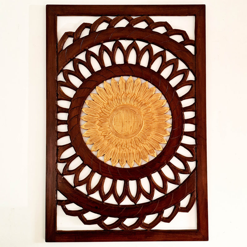 Discover Artistic Excellence: Golden Flower Hand-Carved Wooden Wall Art. Crafted by skilled artisans, each piece is unique, adding a touch of elegance to any living space.