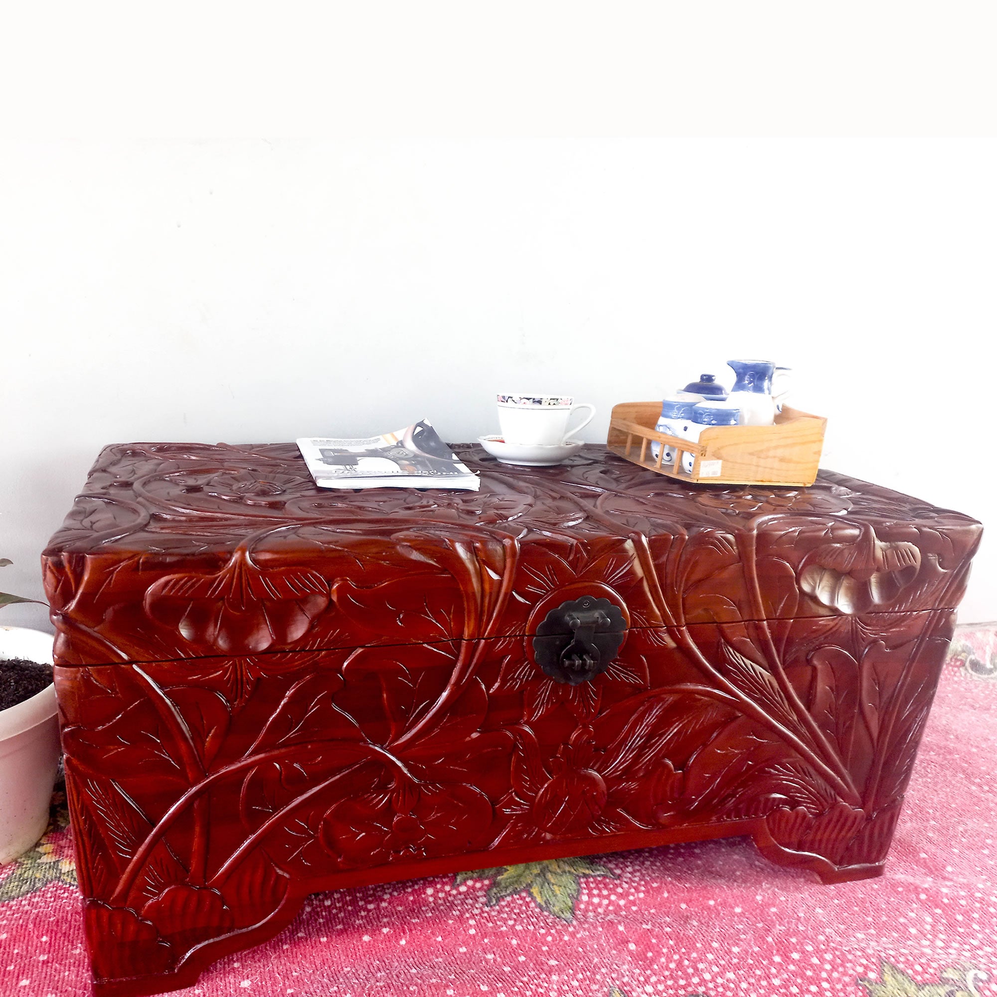 Hand-Carved Large Teakwood Storage Ottoman Decorative Furniture