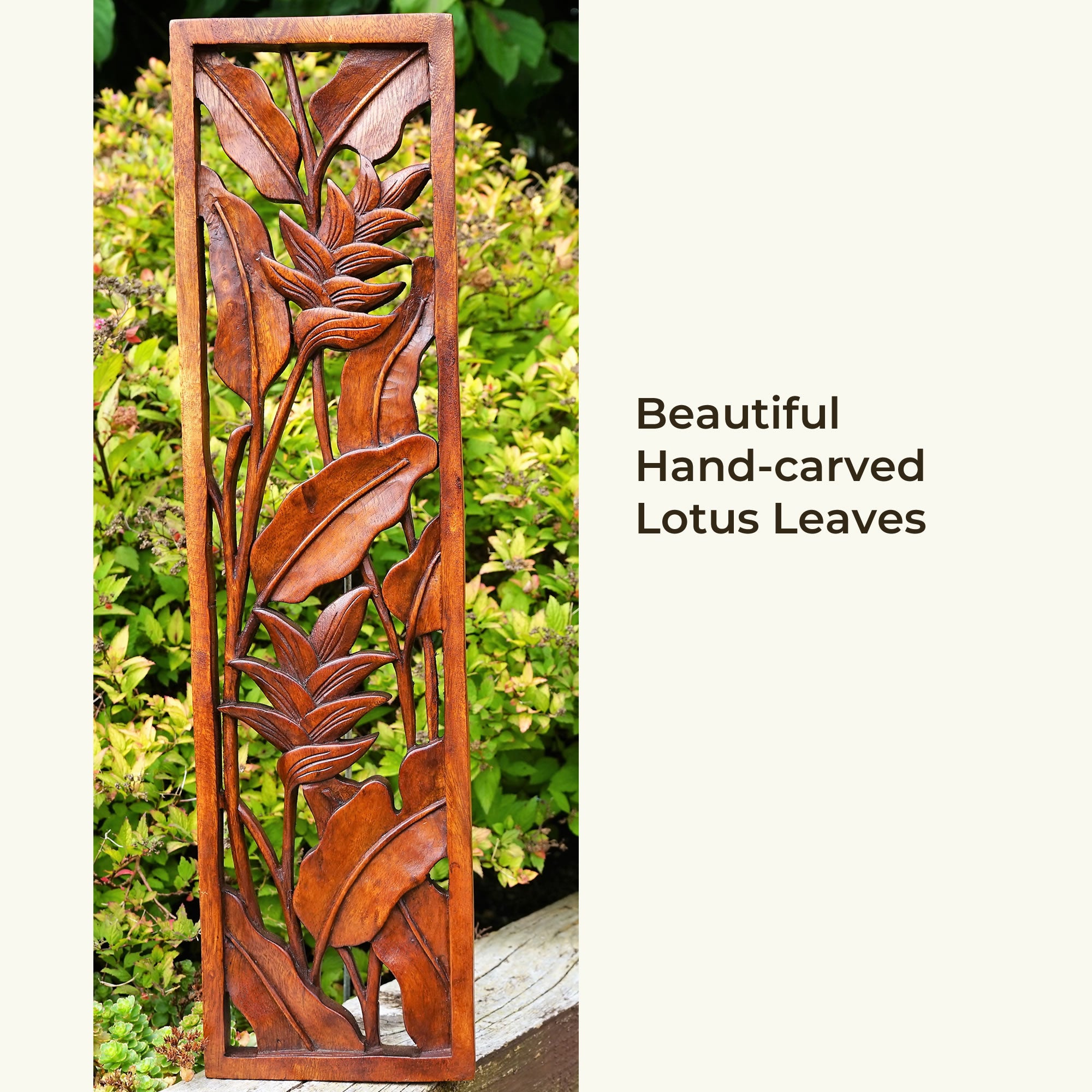 Lilies Lotus Hand-Carved Wooden Room Decorative Wall Art Long Garden Sculpture