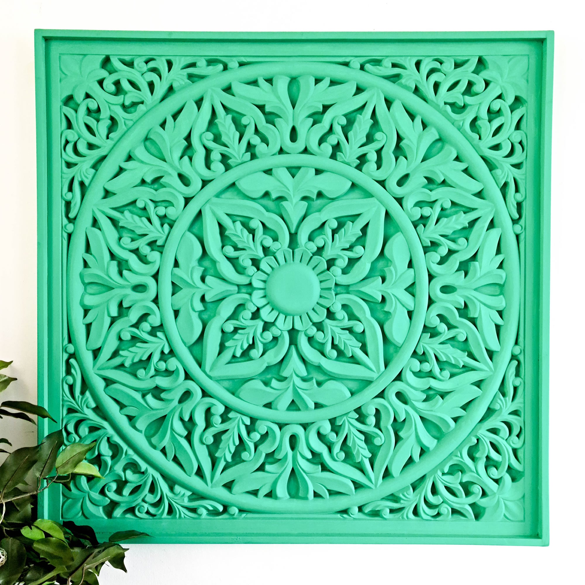 Simply Awesome, this bohemian boho-styled large carved mandala can be used in any room and will compliment the bohemian vibes. The Aqua Turquoise blue color is inviting yet subtle.