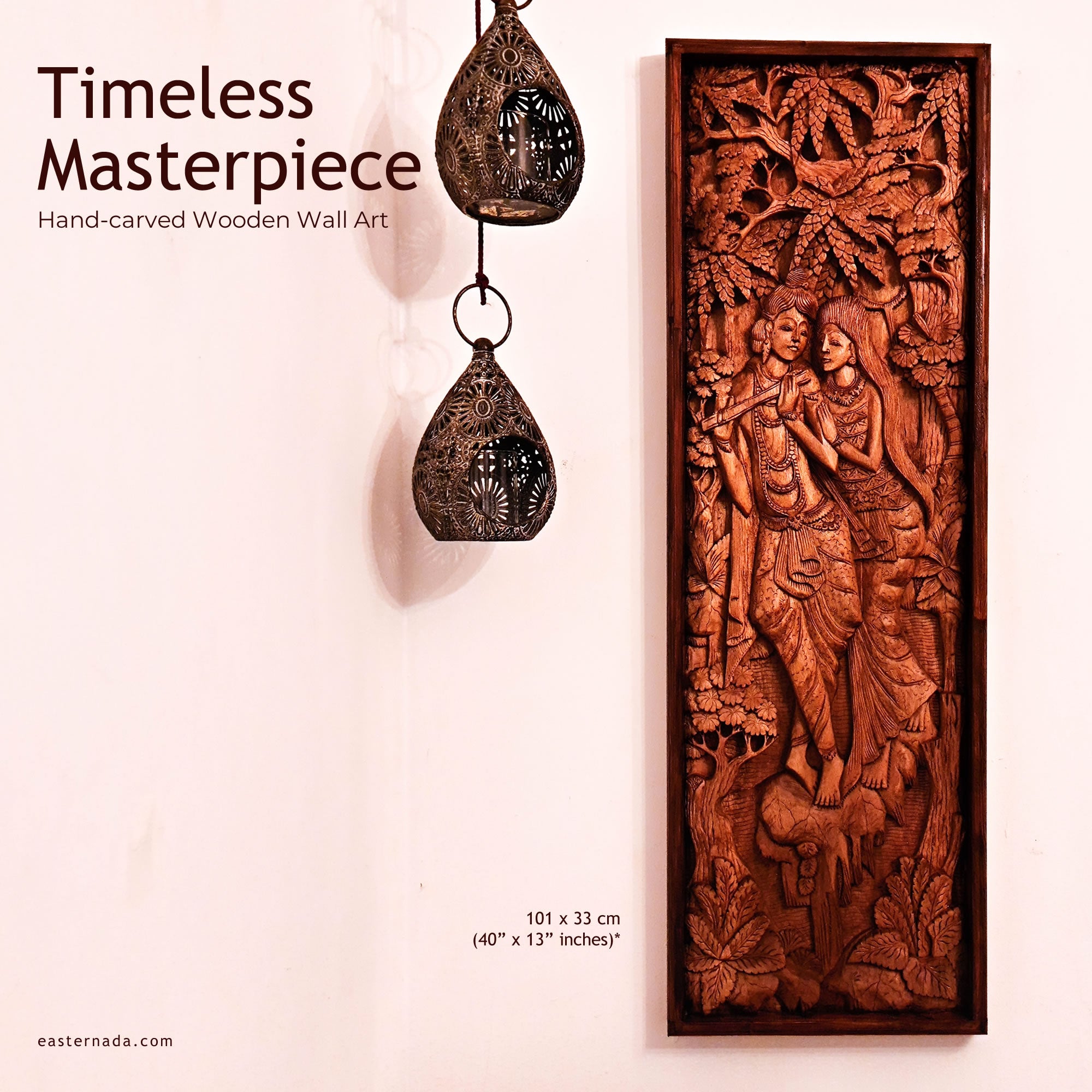 Radha Krishna Hindu God Mandir - Hand Carved Teakwood Decorative Long Wall Art Sculpture