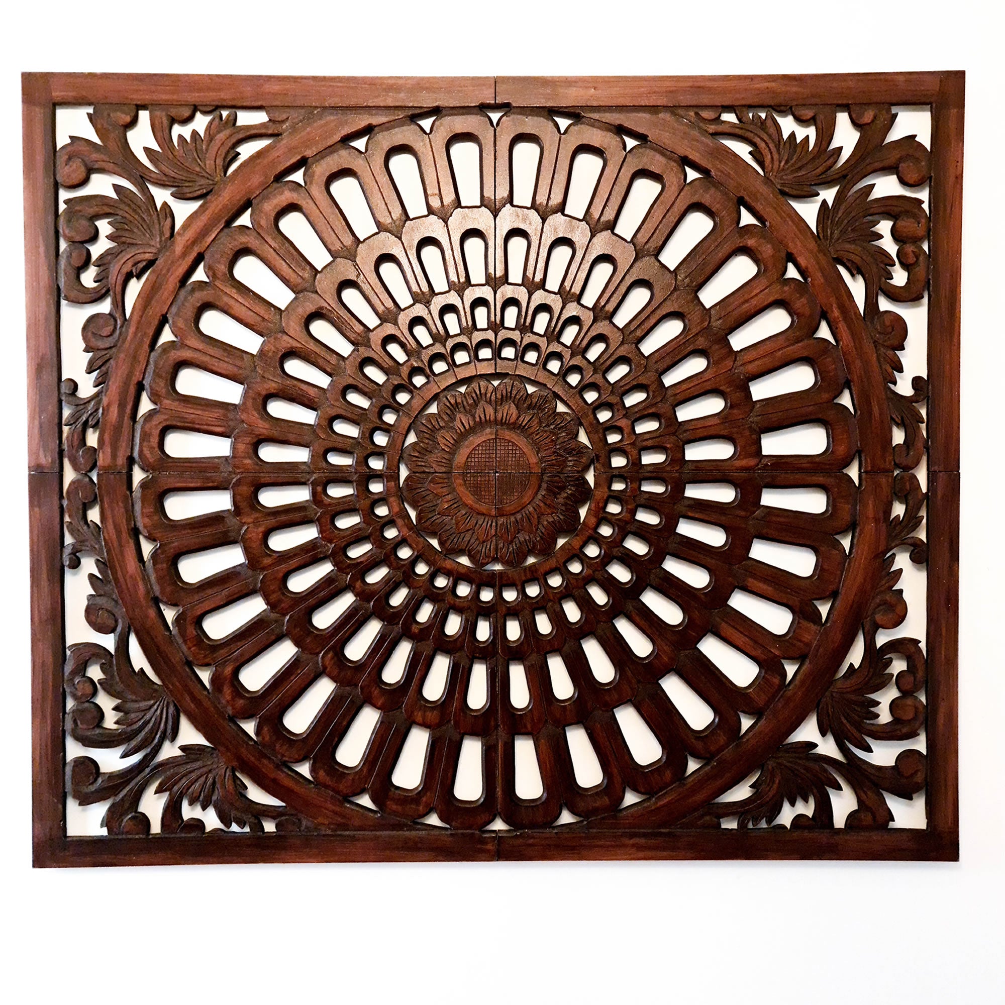 Stunning Large Hand-Carved Decorative Wooden Wall Art Mandala. This beauty is great for decorating your interior walls for an eye-catching backdrop.