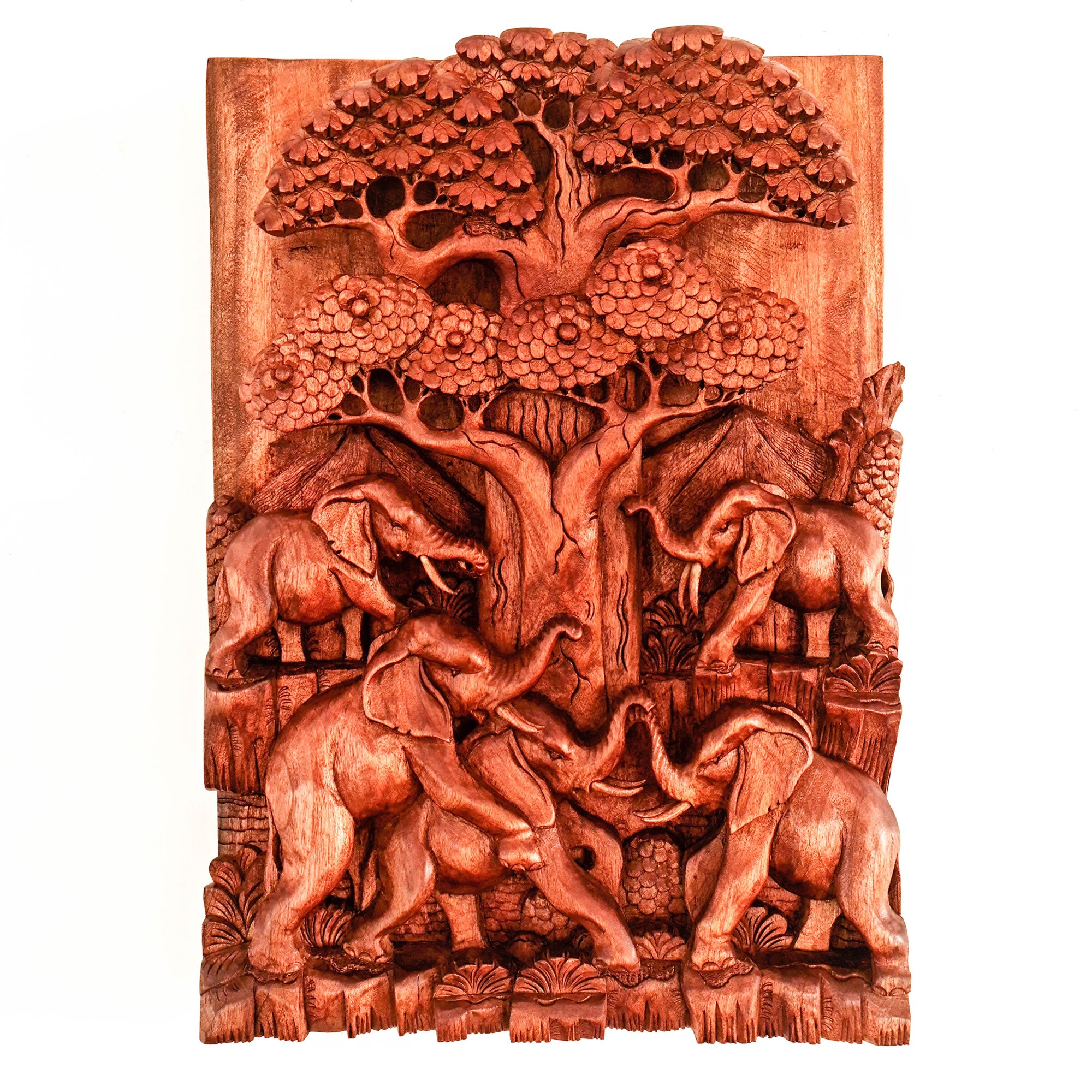 African Elephants by Oak Hand-Carved Wooden Room Decorative Art Sculpture Unique Gift