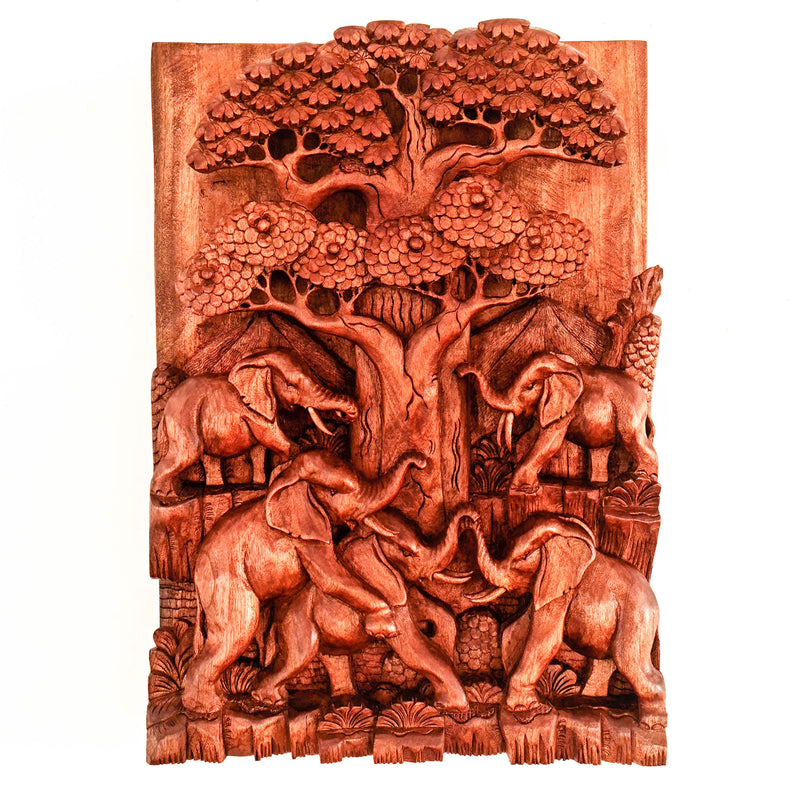 African Elephants by Oak Hand-Carved Wooden Room Decorative Art Sculpture Unique Gift