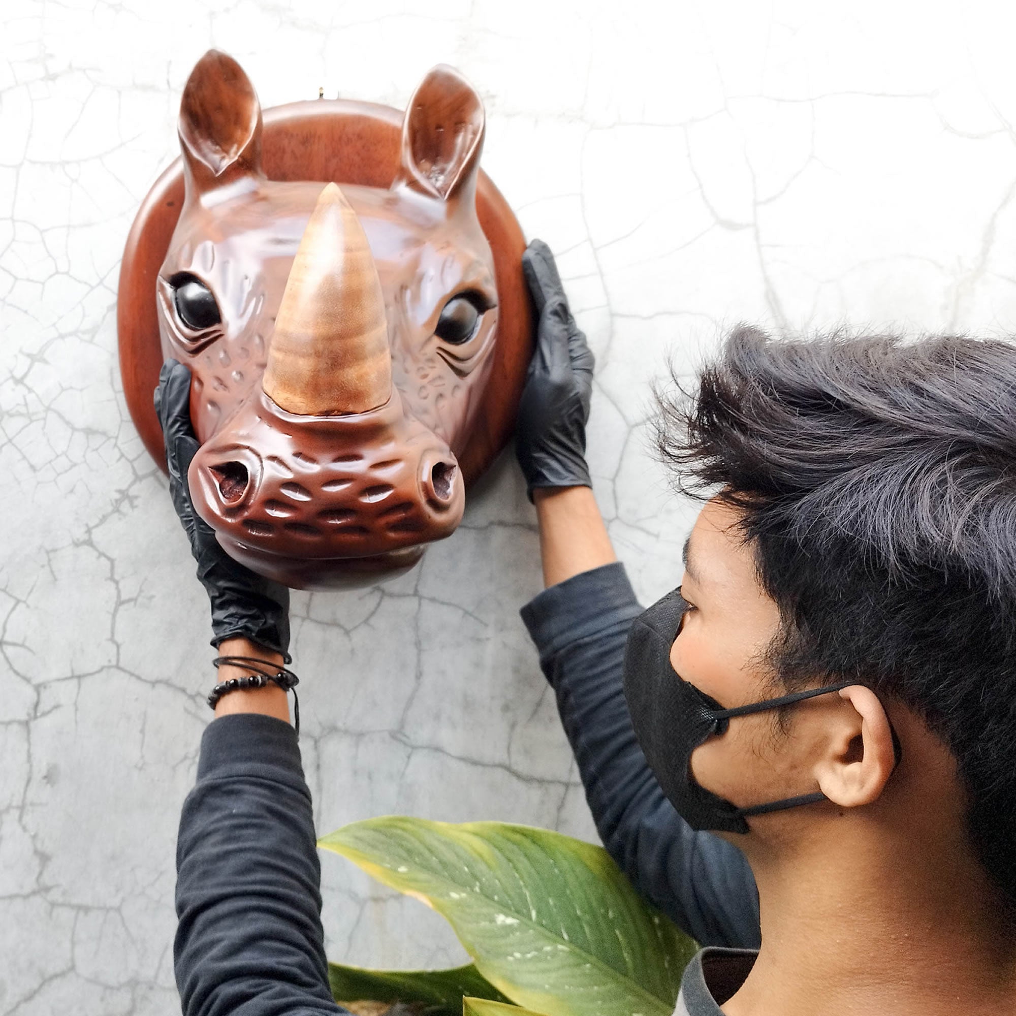 African Rhino Head - Hand-carved Wooden Decorative Sculpture Room Wall Art