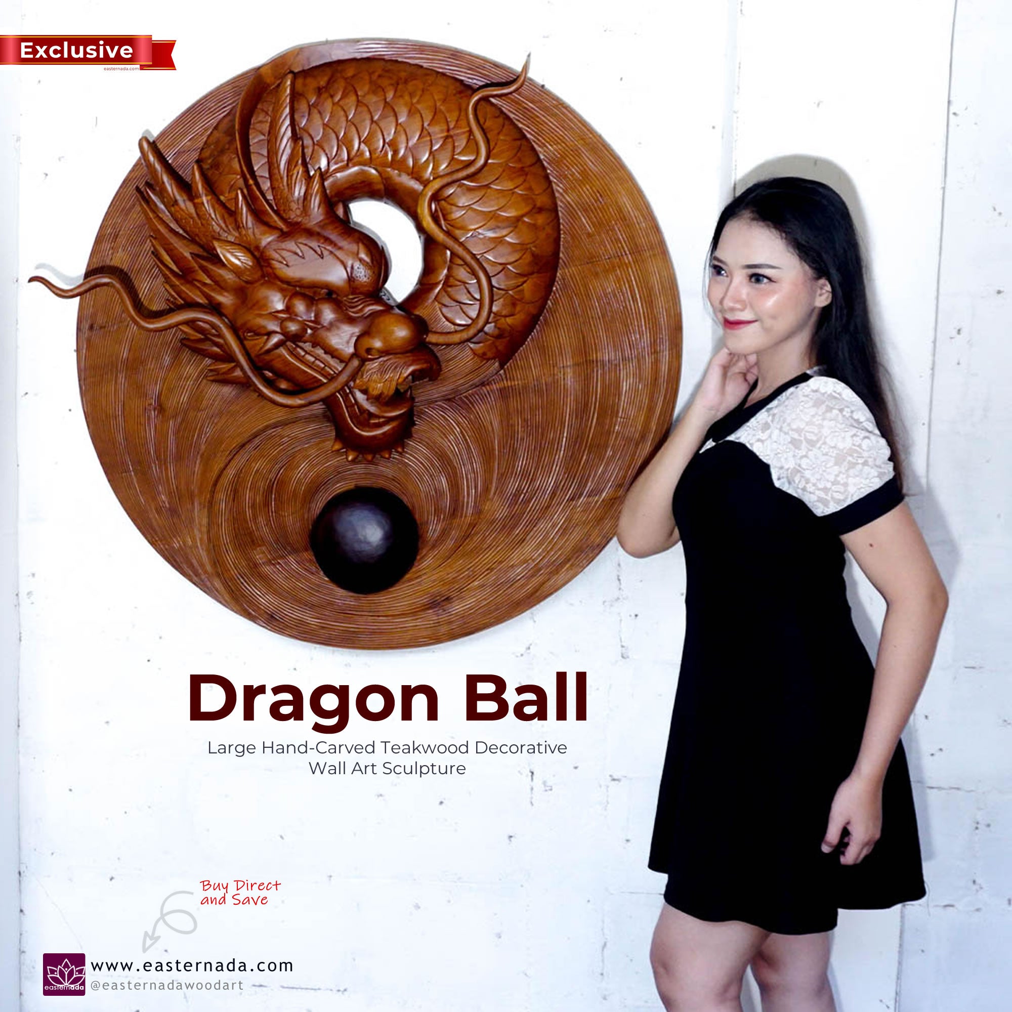 Chinese Dragon Ball - Large Hand Carved Teakwood Decorative Art Sculpture Headboard