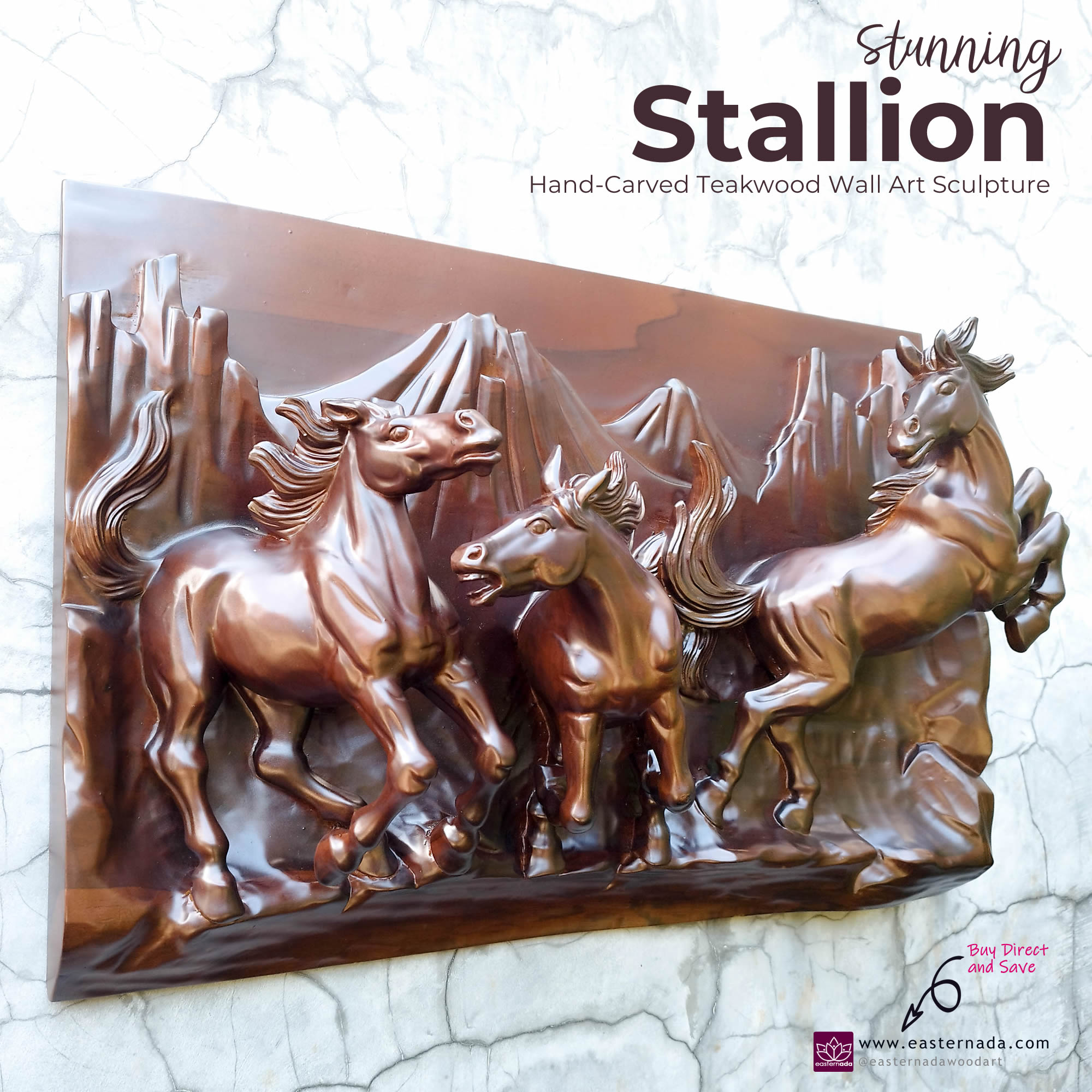 Hand Carved Teakwood Wild Running Horses Stallion Decorative Sculpture Wall Art. This stunning hand-carved running horse teakwood sculpture wall art is simply breathtaking, unique, and one-off.