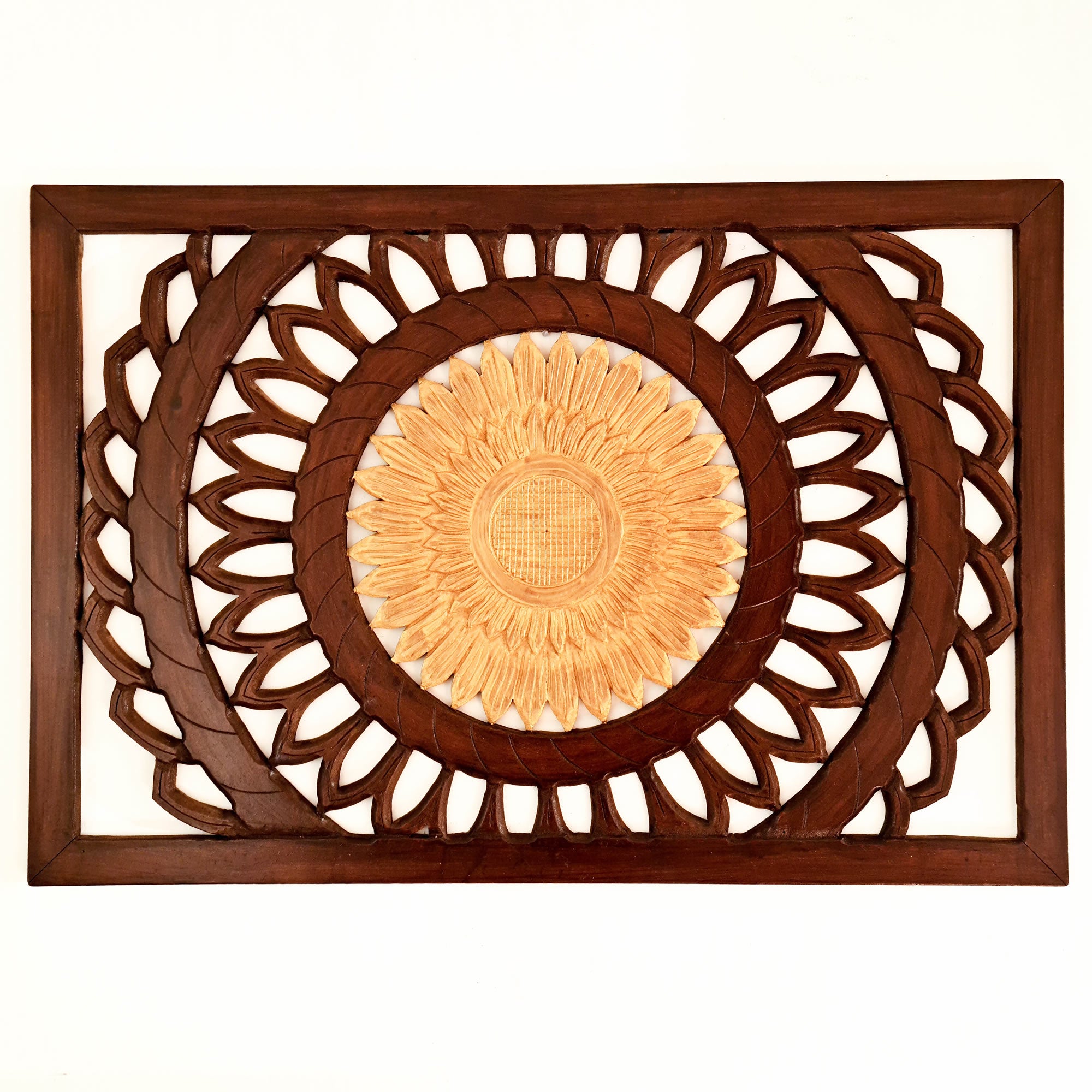 Discover Artistic Excellence: Golden Flower Hand-Carved Wooden Wall Art. Crafted by skilled artisans, each piece is unique, adding a touch of elegance to any living space.
