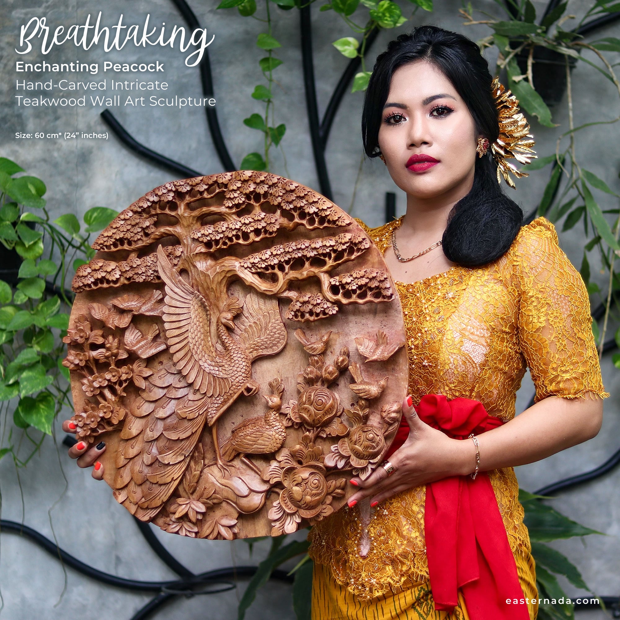 This is a stunning masterpiece. Intricately detailed decorative wall art hand-carved Peacock birds out of Teak Wood.
