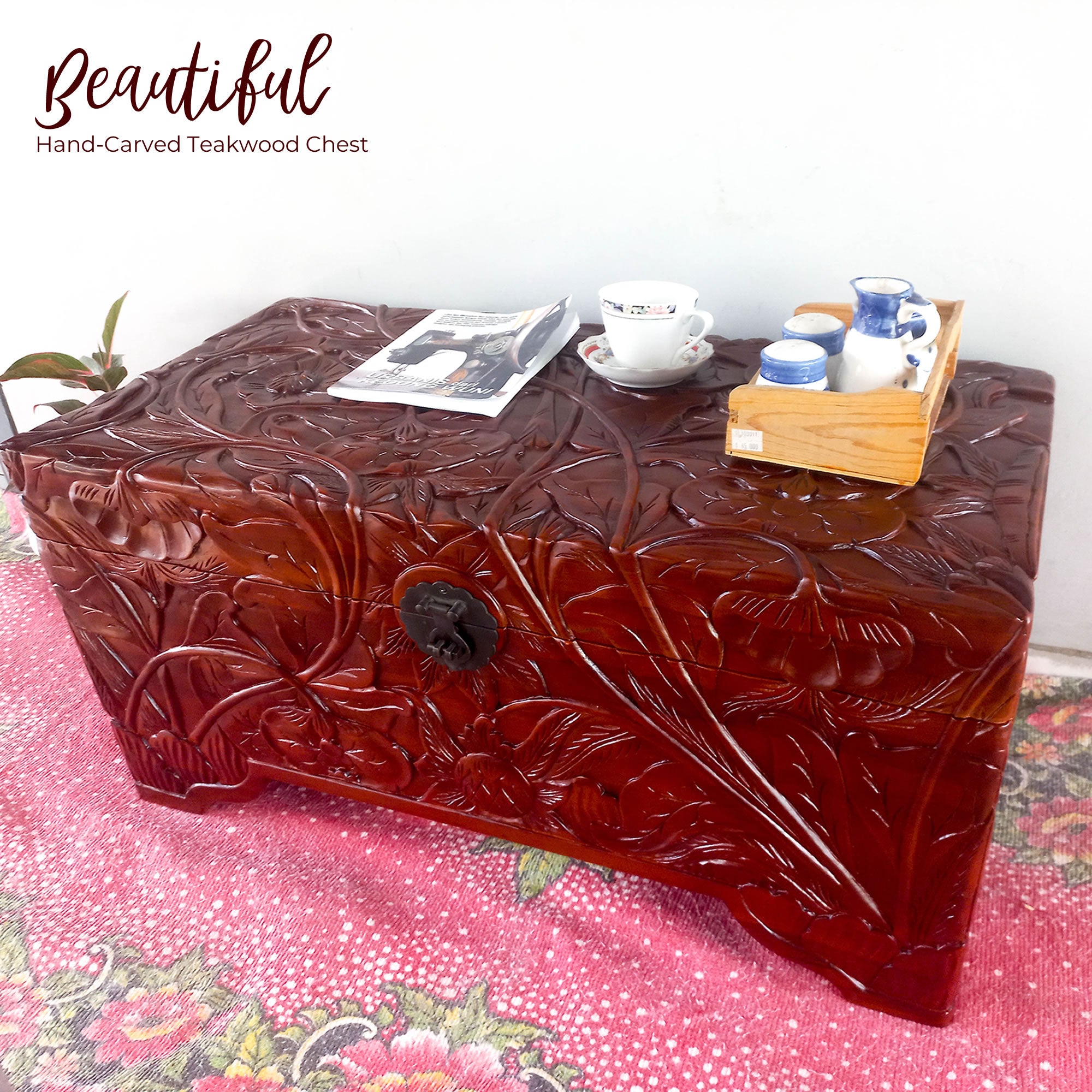 Hand-Carved Large Teakwood Storage Ottoman Decorative Furniture