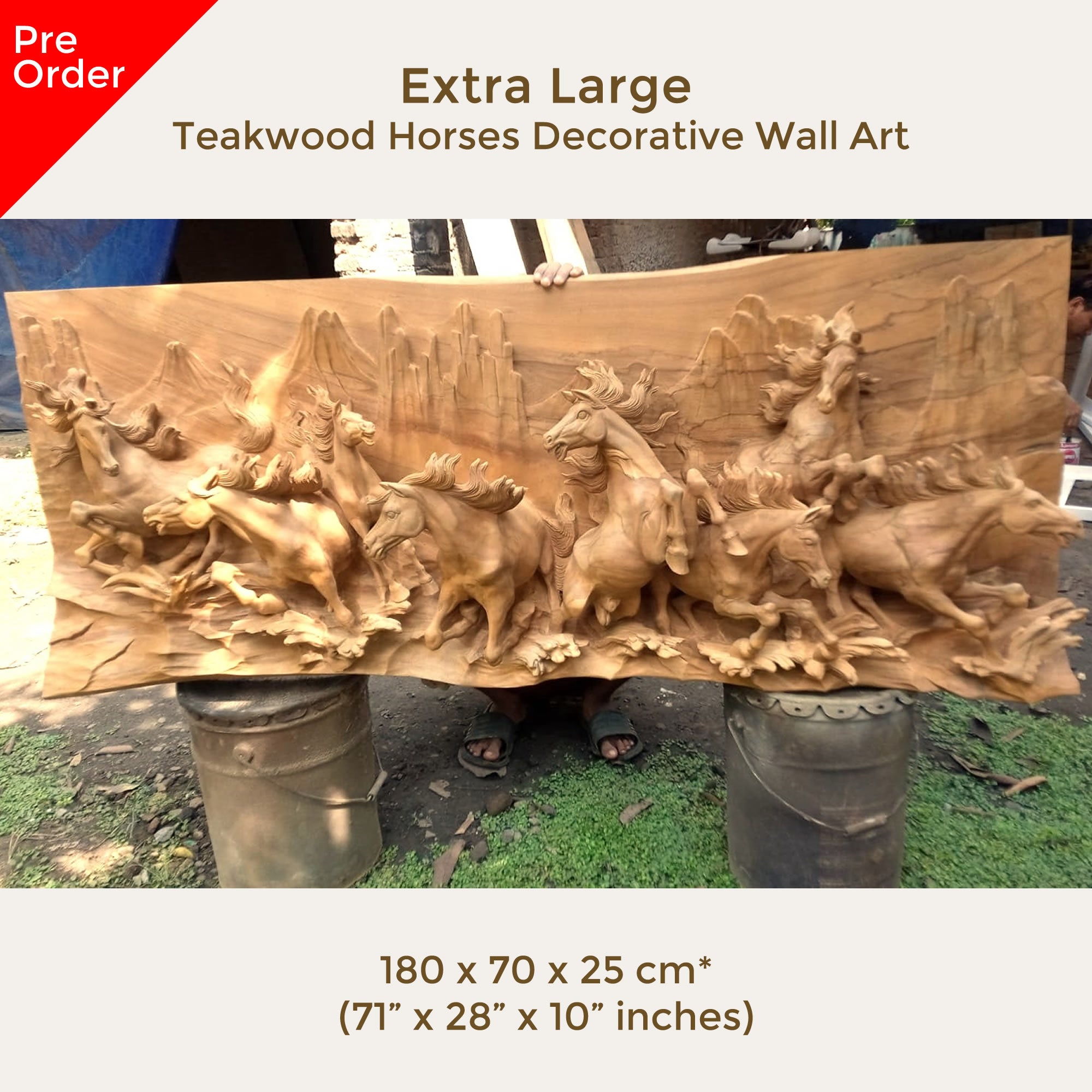 Extra large king-size teakwood hand-carved running wild horses sculpture art for a perfect backdrop in any room, hallway or as a headboard.
