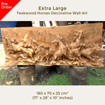 Extra large king-size teakwood hand-carved running wild horses sculpture art for a perfect backdrop in any room, hallway or as a headboard.