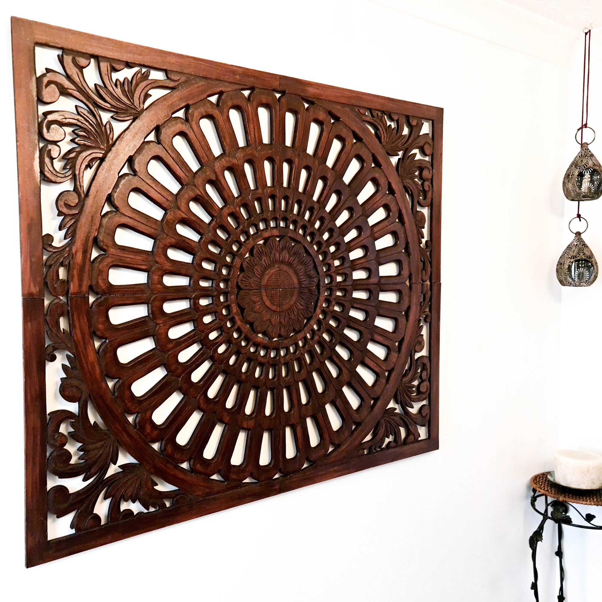 Stunning Large Hand-Carved Decorative Wooden Wall Art Mandala. This beauty is great for decorating your interior walls for an eye-catching backdrop.