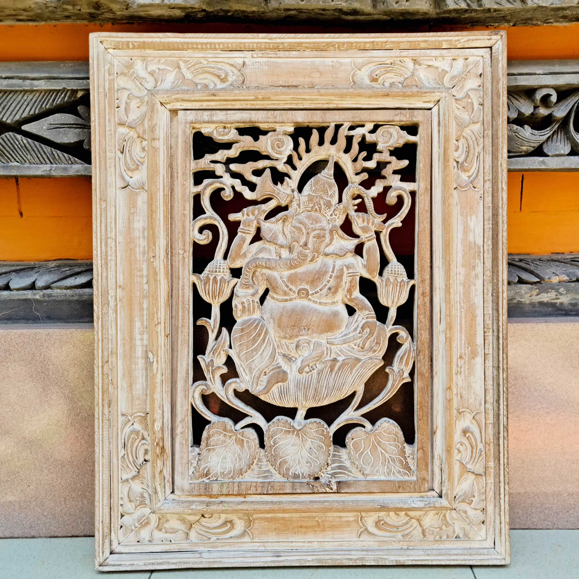Hand-carved Distressed White Antique Style Decorative Wall Art Sculpture Ganesha Hindu Mandir
