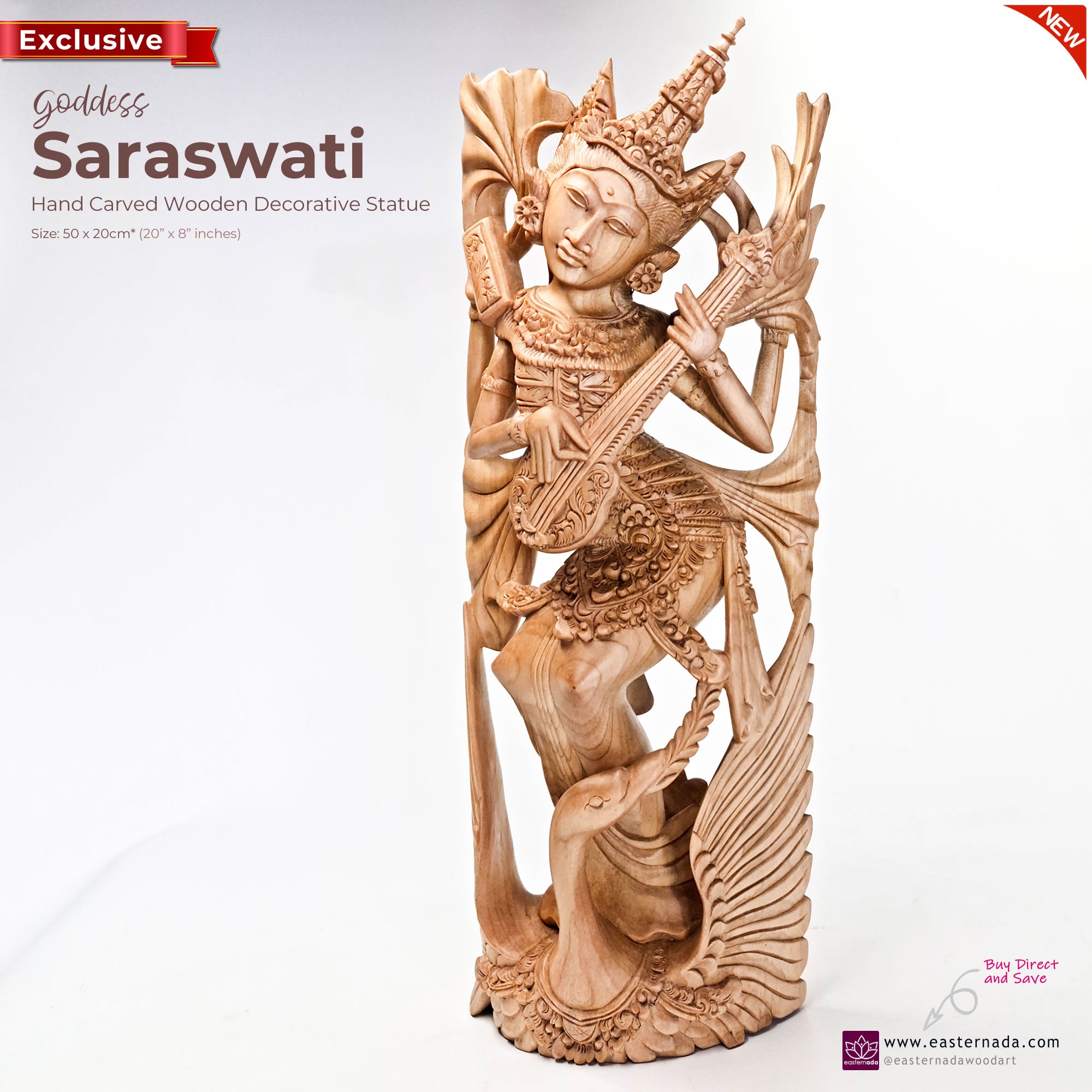 Saraswati Goddess Hand-carved wooden Sculpture Art Hindu Mandir Pooja