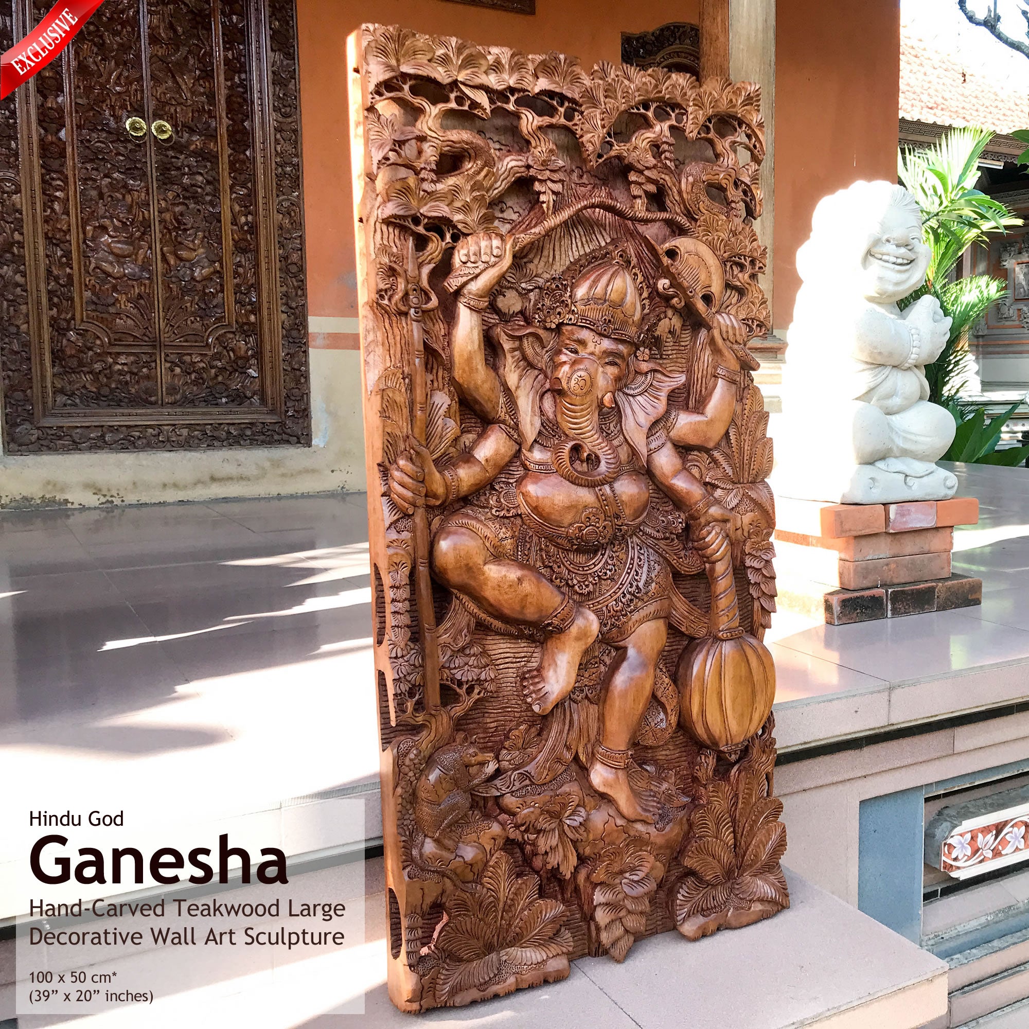 Hindu God Ganesha Hand-Carved Teakwood Decorative Sculpture Mandir Wall Art