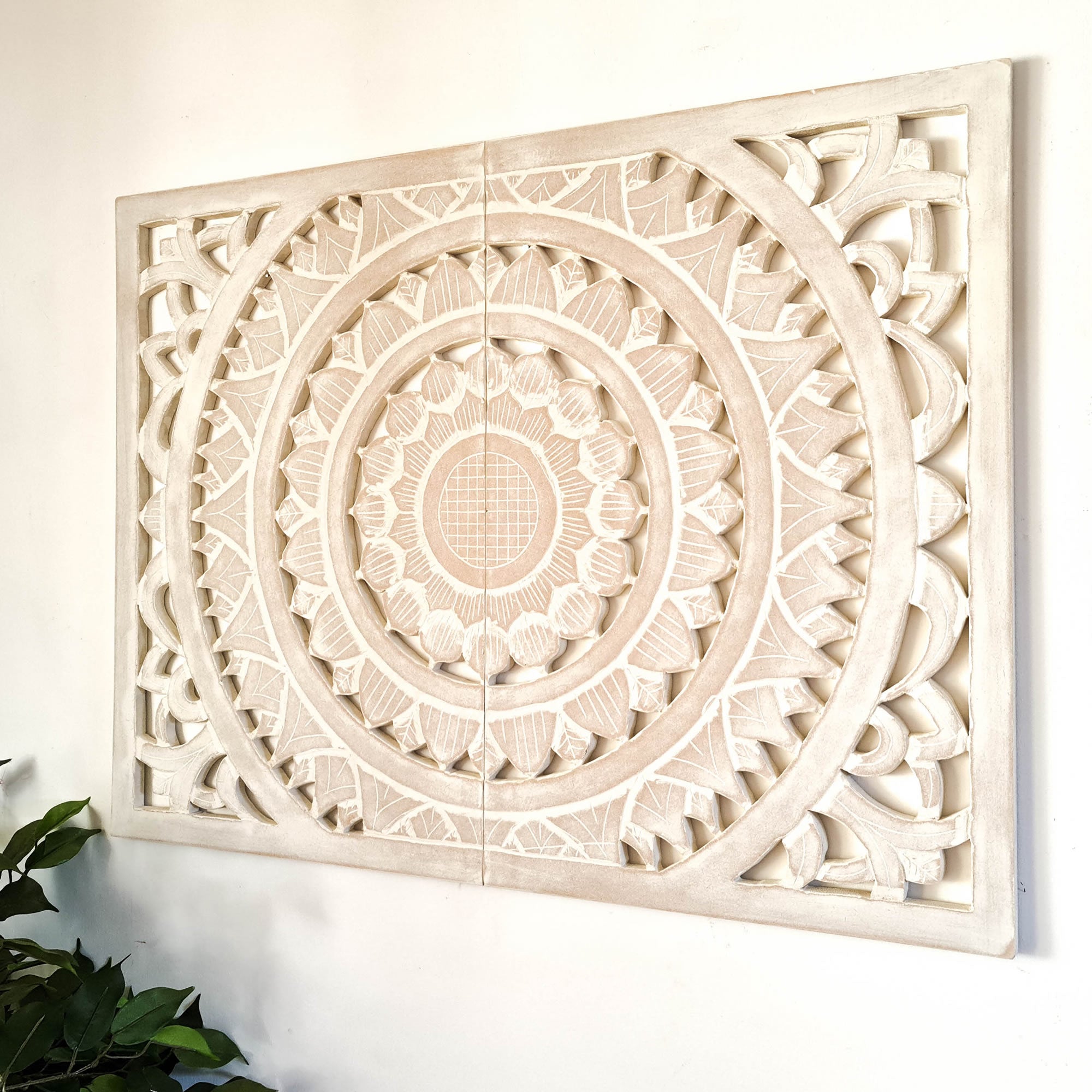 Carved Wooden Decorative Framed Mandala Panel Art Sculpture White Bohemian Hanging