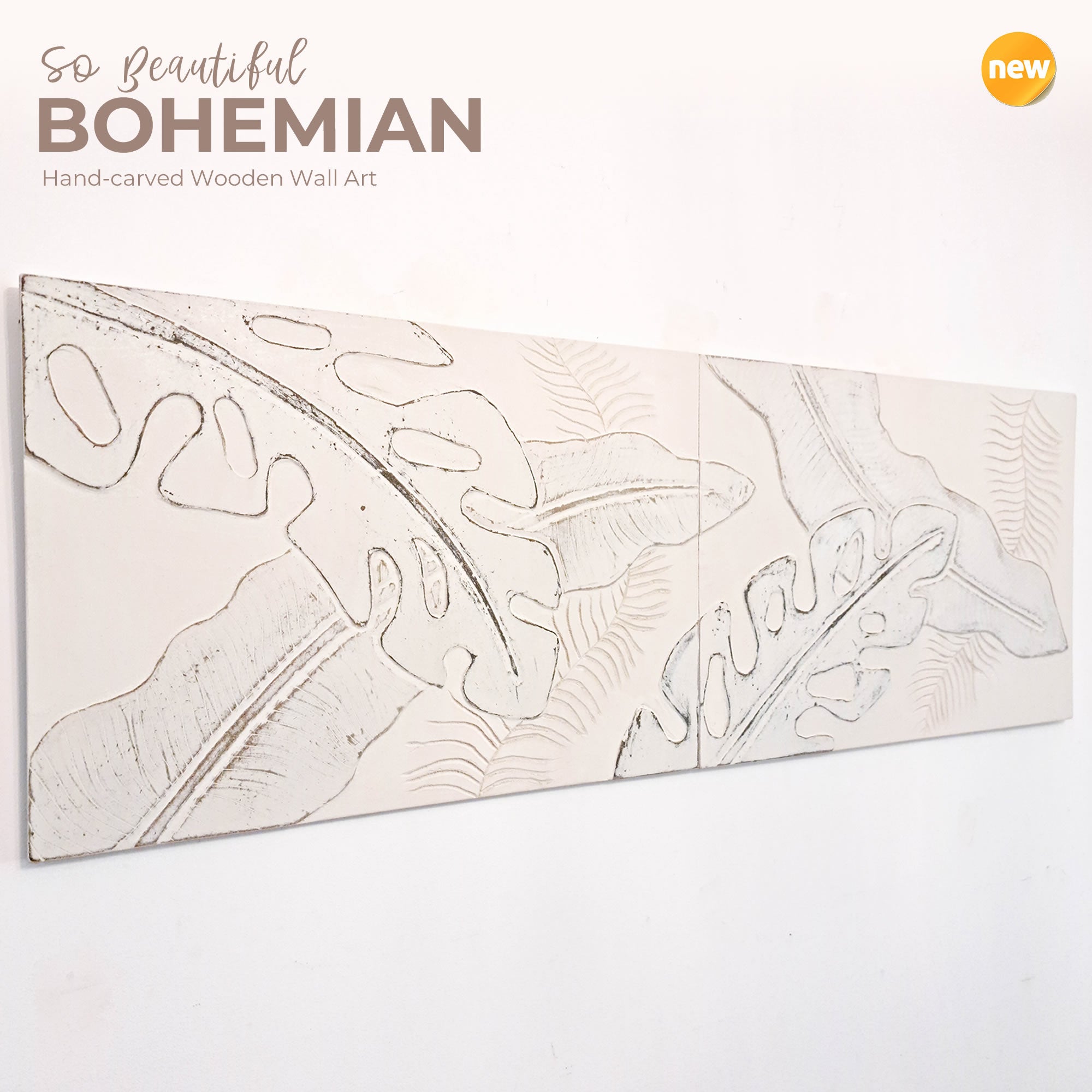 Distressed Leaves Long Bohemian Hand-carved Wooden Decorative Room Wall Art