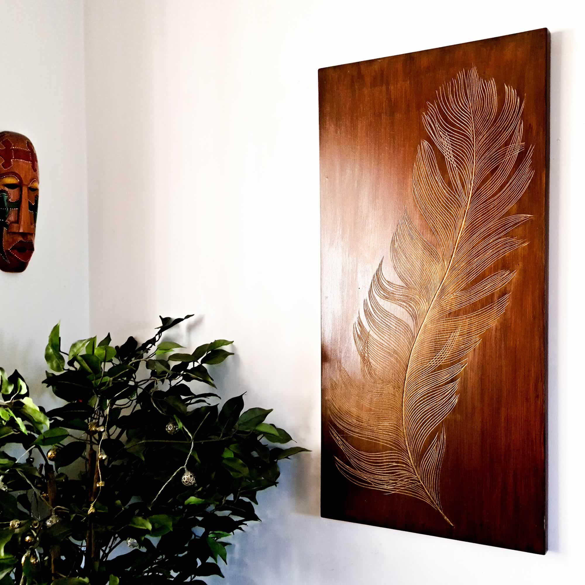 Golden Feather - Hand Carved Wooden Decorative Wall Art Sculpture Bohemian Wall Room Hanging Decor Easternada