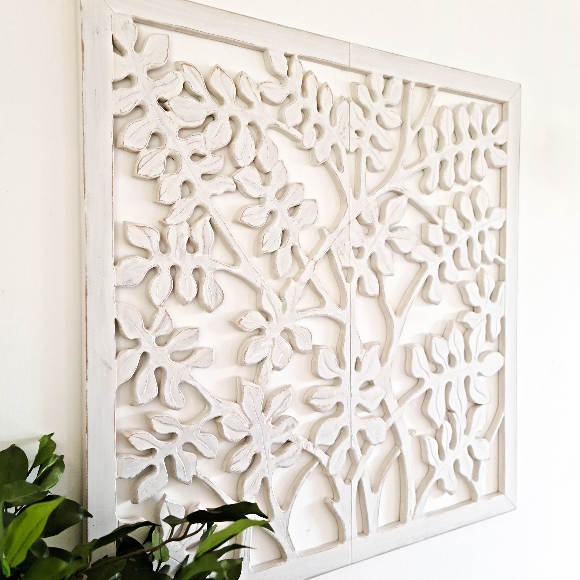 Hand Carved Tree of Life Wooden Sculpture Wall Art Hanging - Distressed Rustic White Shabby Chic Bohemian Boho Style Unique Gift.