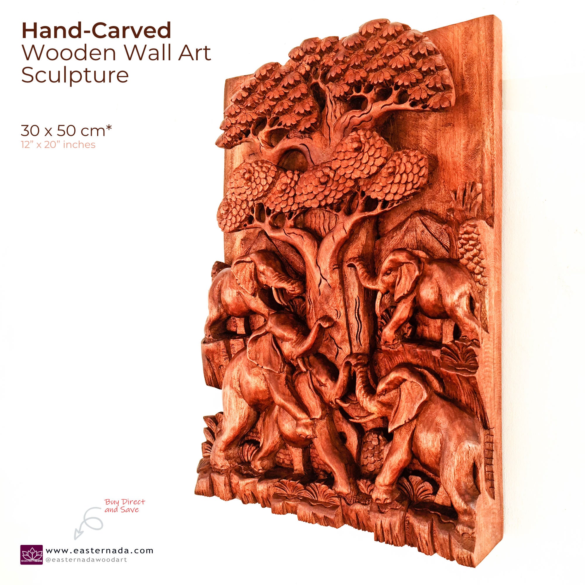 African Elephants by Oak Hand-Carved Wooden Room Decorative Art Sculpture Unique Gift