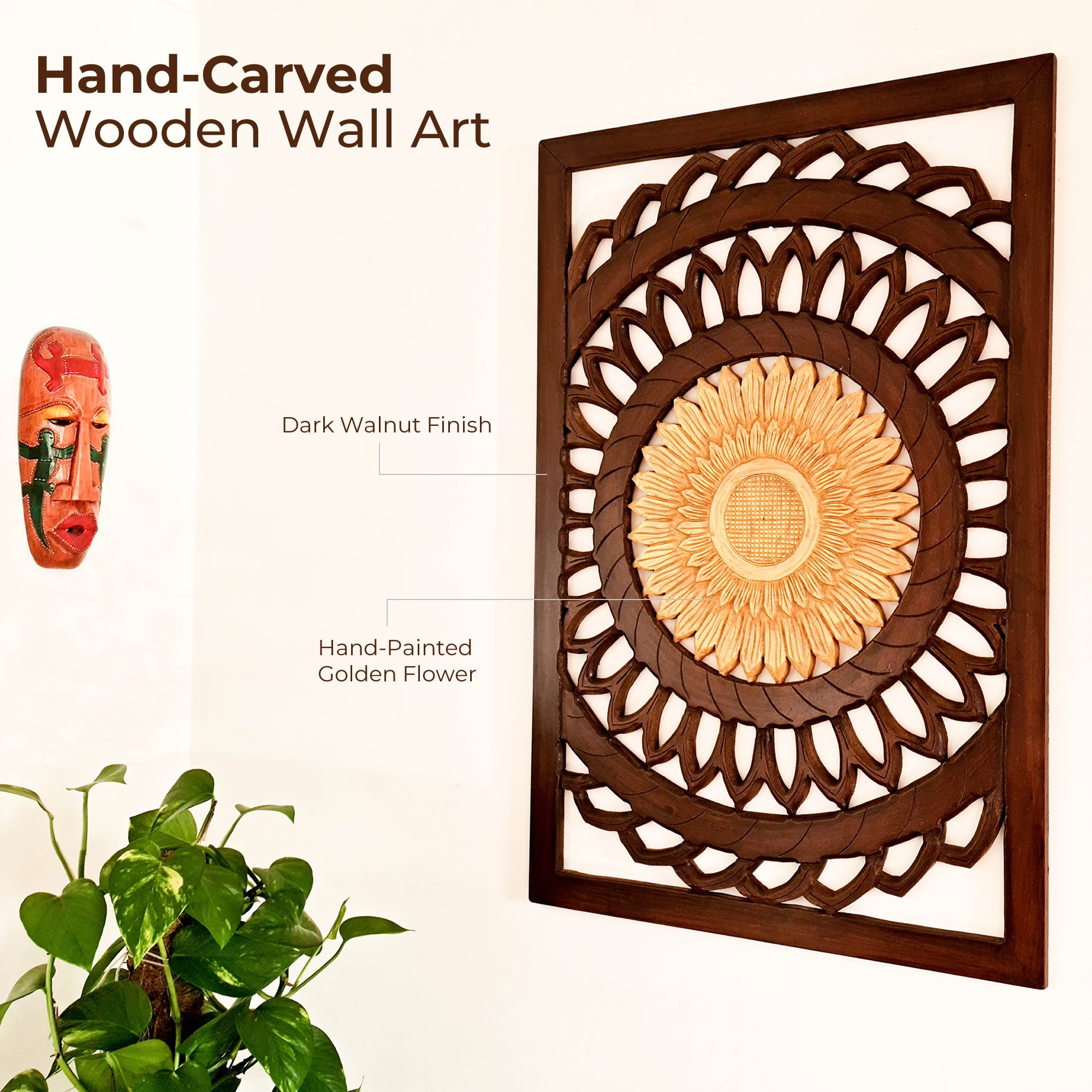 Discover Artistic Excellence: Golden Flower Hand-Carved Wooden Wall Art. Crafted by skilled artisans, each piece is unique, adding a touch of elegance to any living space.