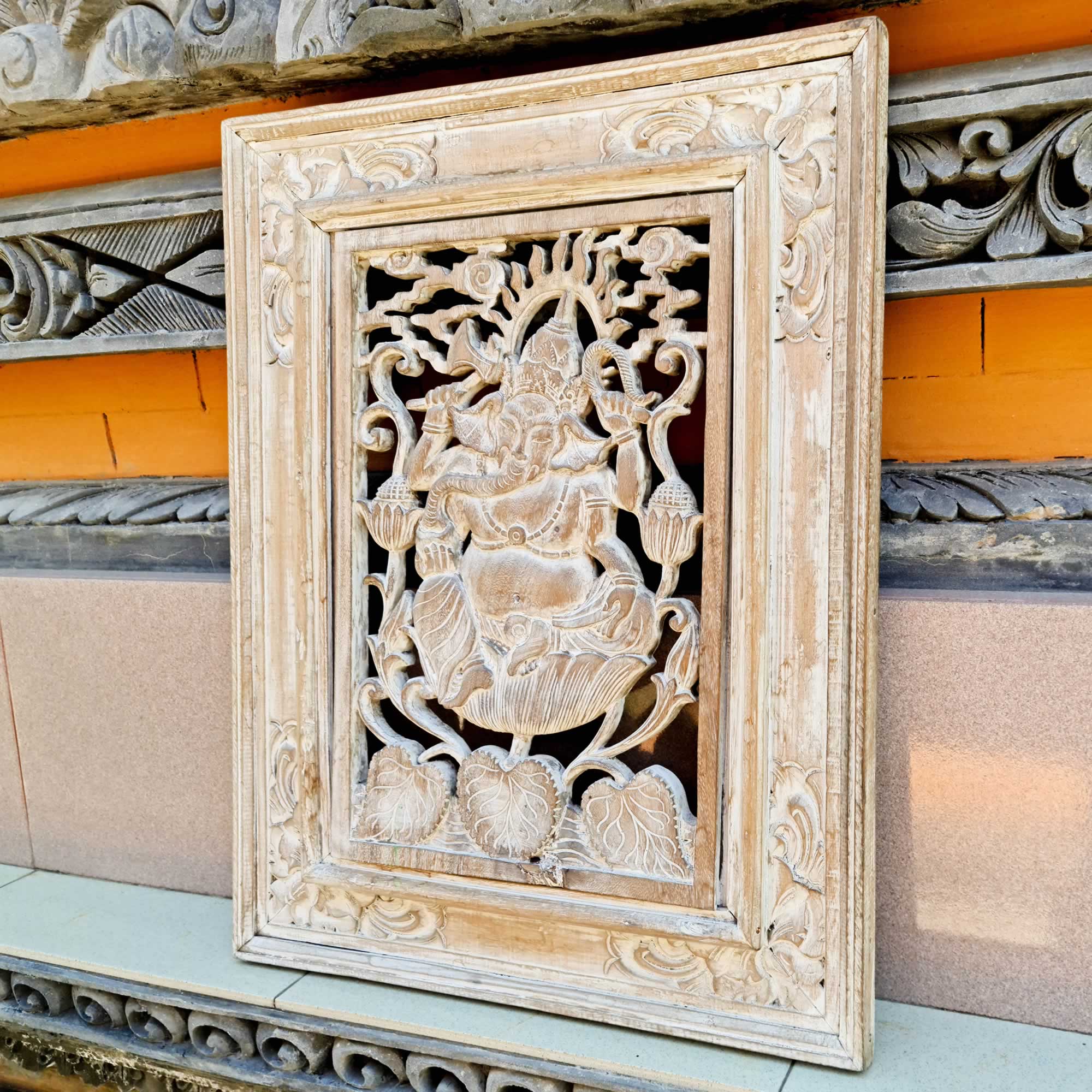 Hand-carved Distressed White Antique Style Decorative Wall Art Sculpture Ganesha Hindu Mandir